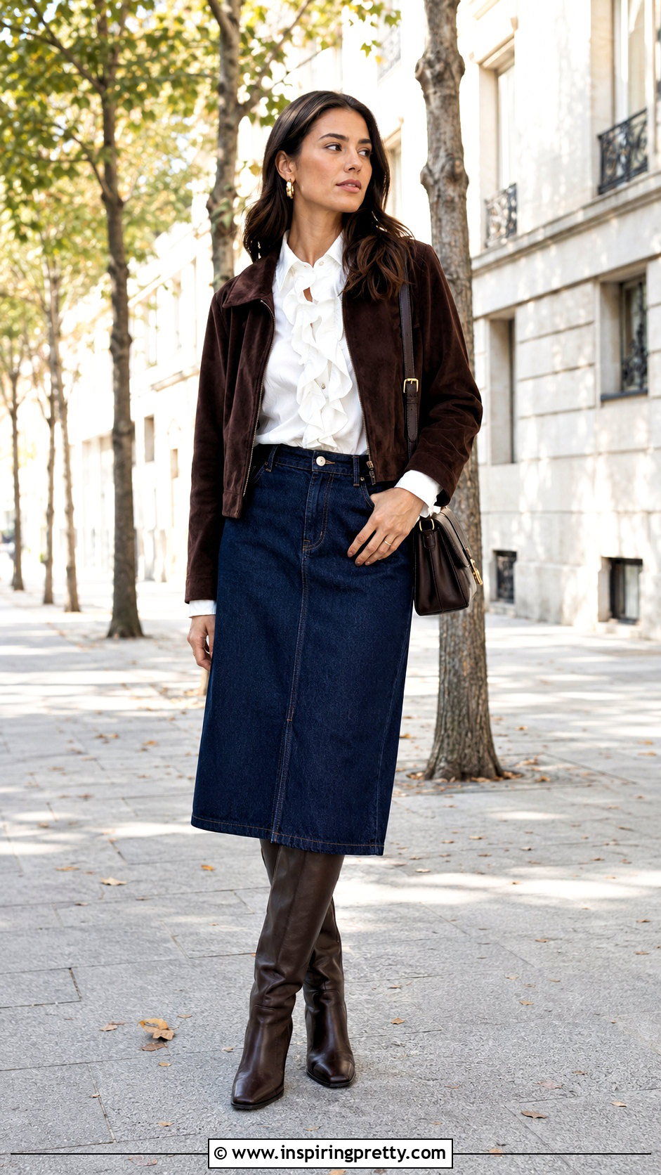 Miu Miu Ruffle Blouse With Denim Midi Skirt - 50 miu miu top outfit ideas