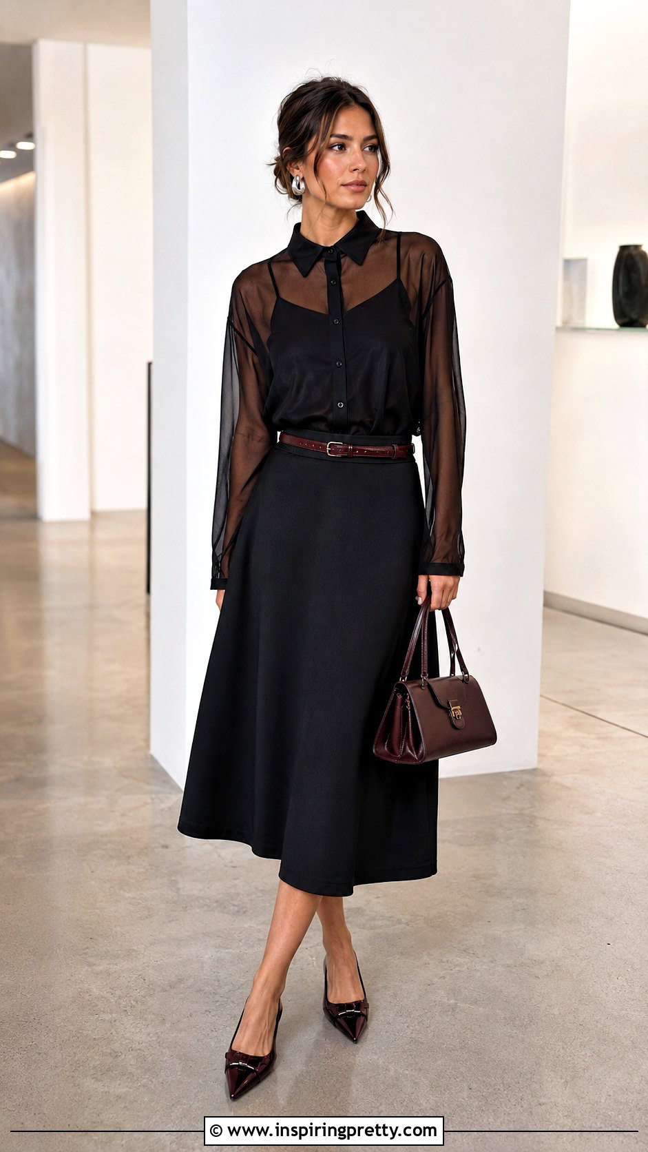 Miu Miu Sheer Blouse With Black Midi Skirt - 50 miu miu top outfit ideas