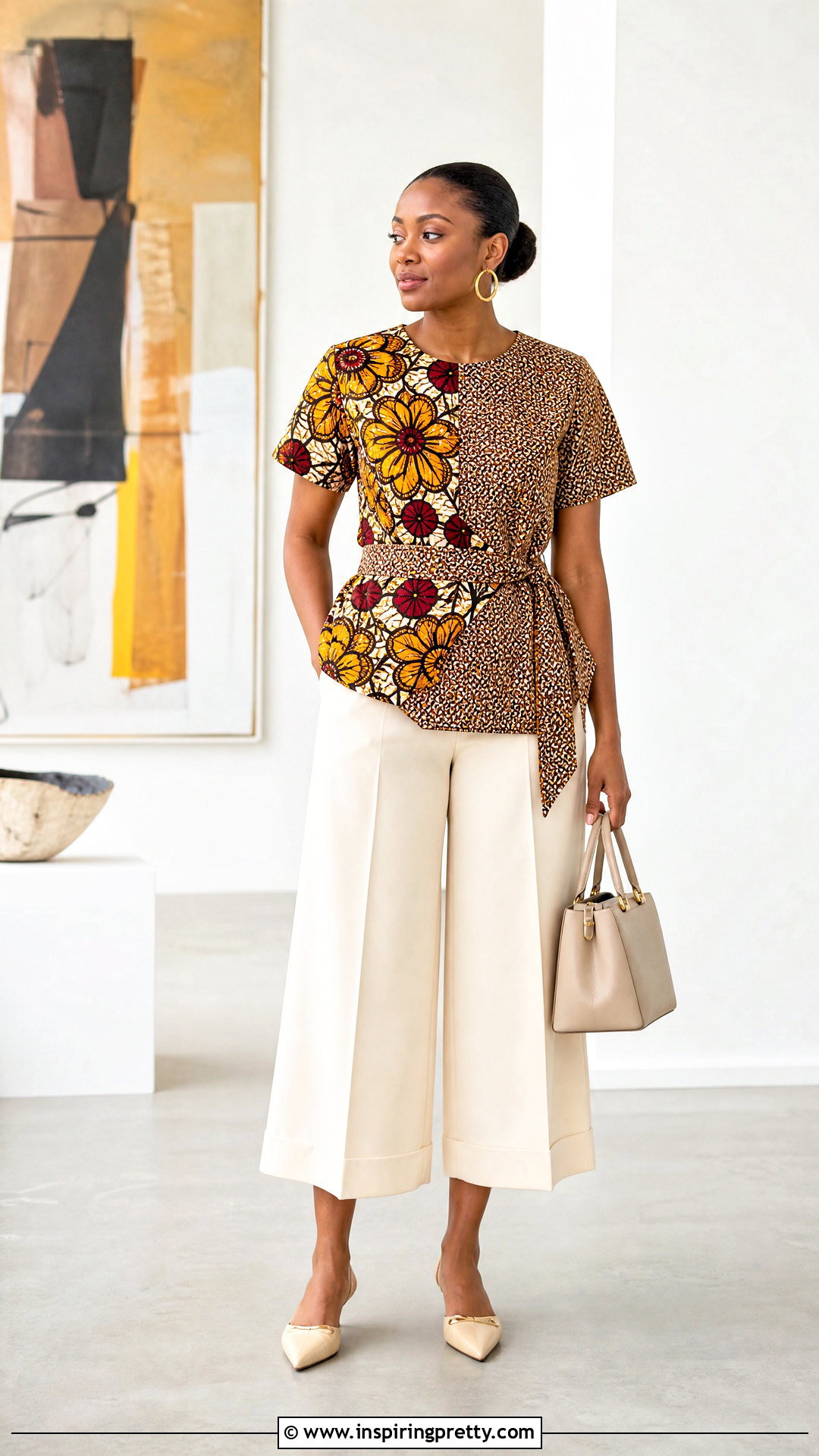 Mixed Ankara Top With Solid Culottes - 50 cute ankara tops outfit ideas