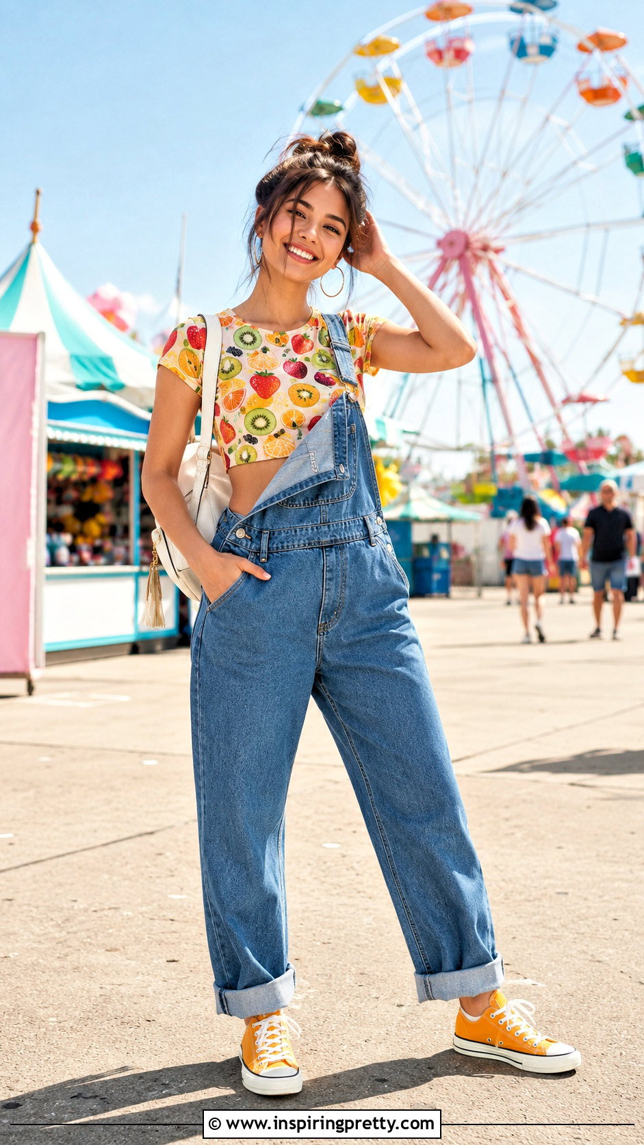 Mixed Fruit Crop Top With Denim Overalls - 25 fruit crop top outfit ideas