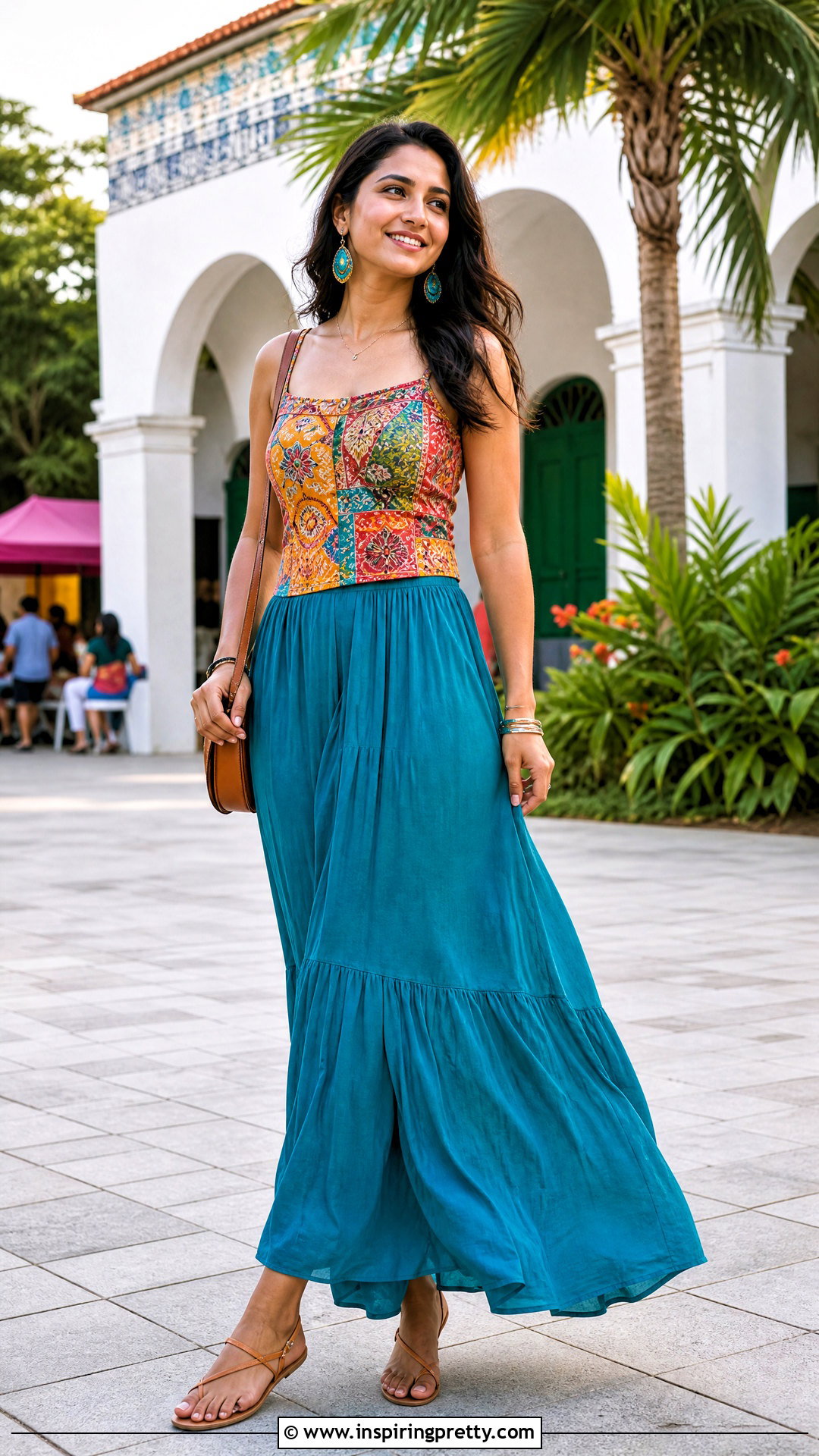 Mixed Print Patterned Top With Solid Maxi Skirt - 20 Colorful Patterned Top Outfit ideas