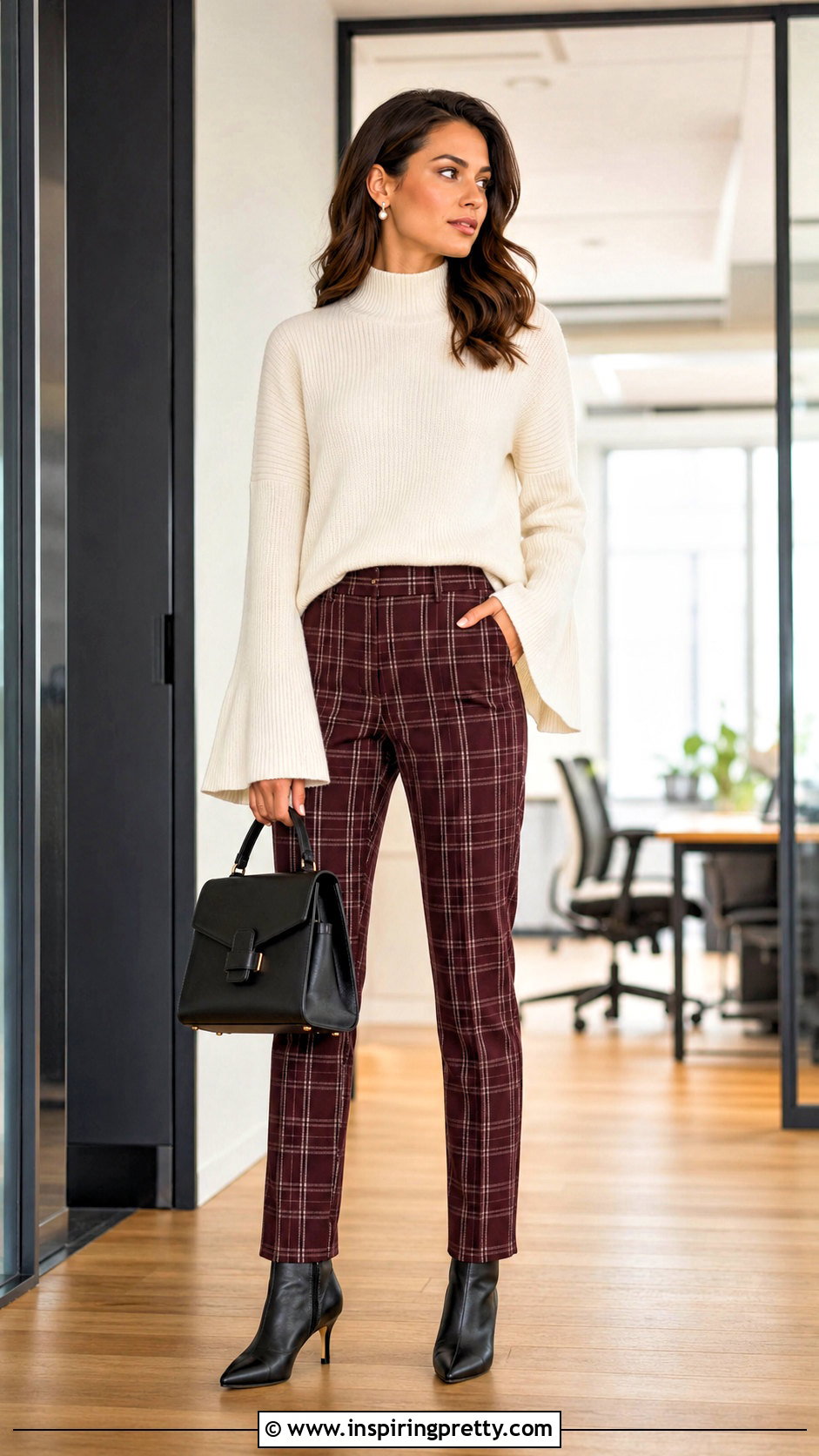 Mock Neck Bell Sleeve Top With Plaid Pants - 50 bell sleeve top outfit ideas