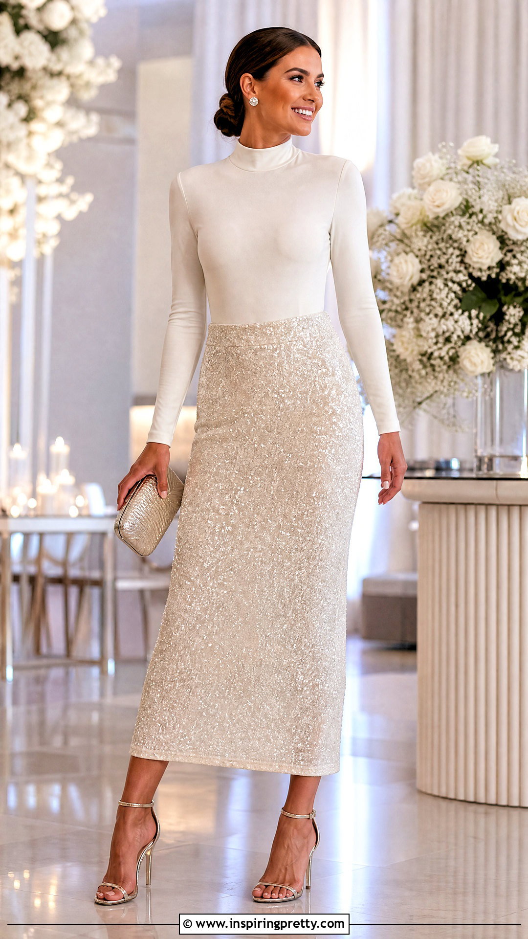 Mock Neck Bridal Bodysuit With Sequin Skirt - 20 Bridal Bodysuit Top outfit ideas