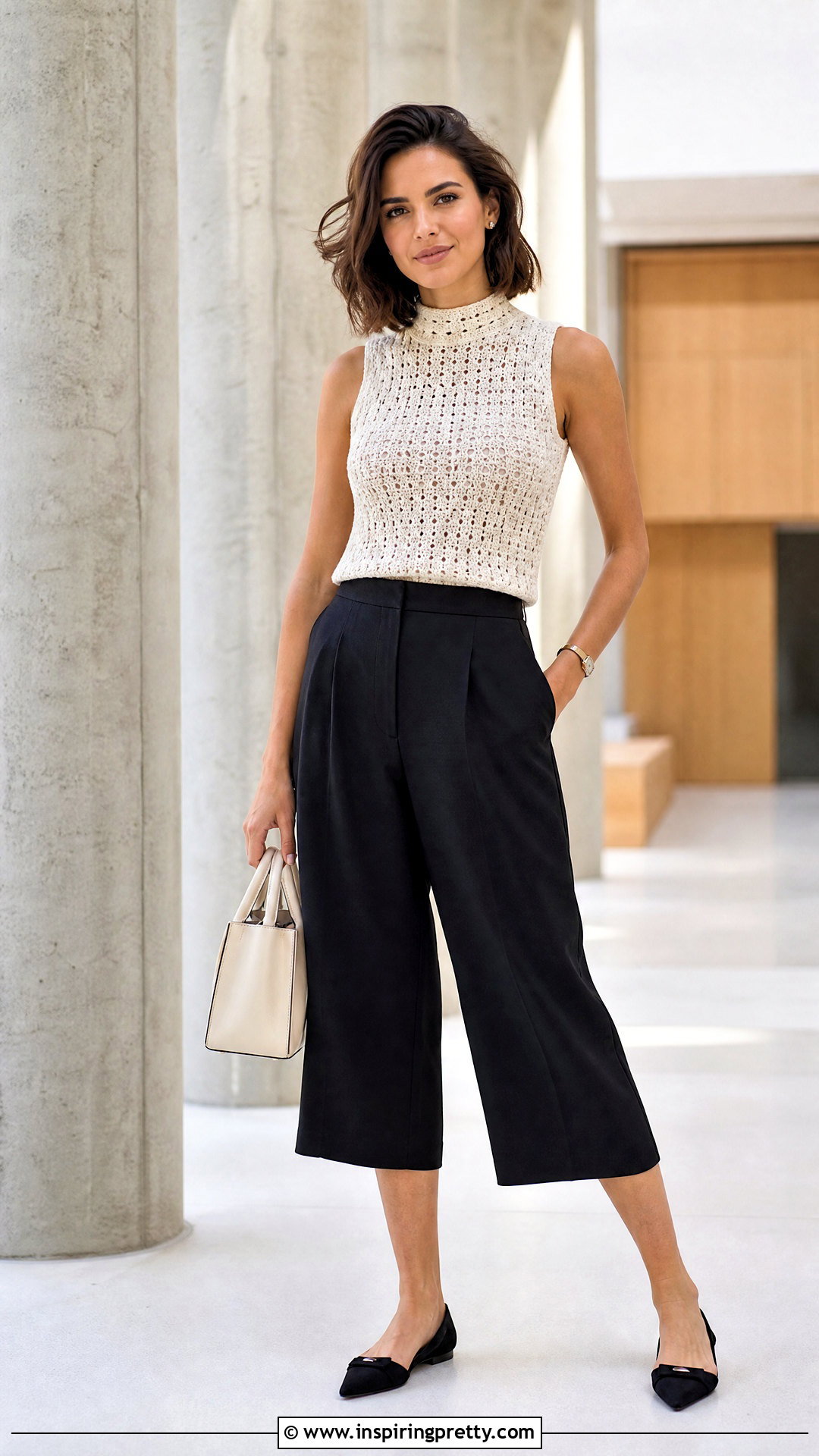 Mock Neck Crochet Top And Culottes - 50 simple crochet tops outfit ideas