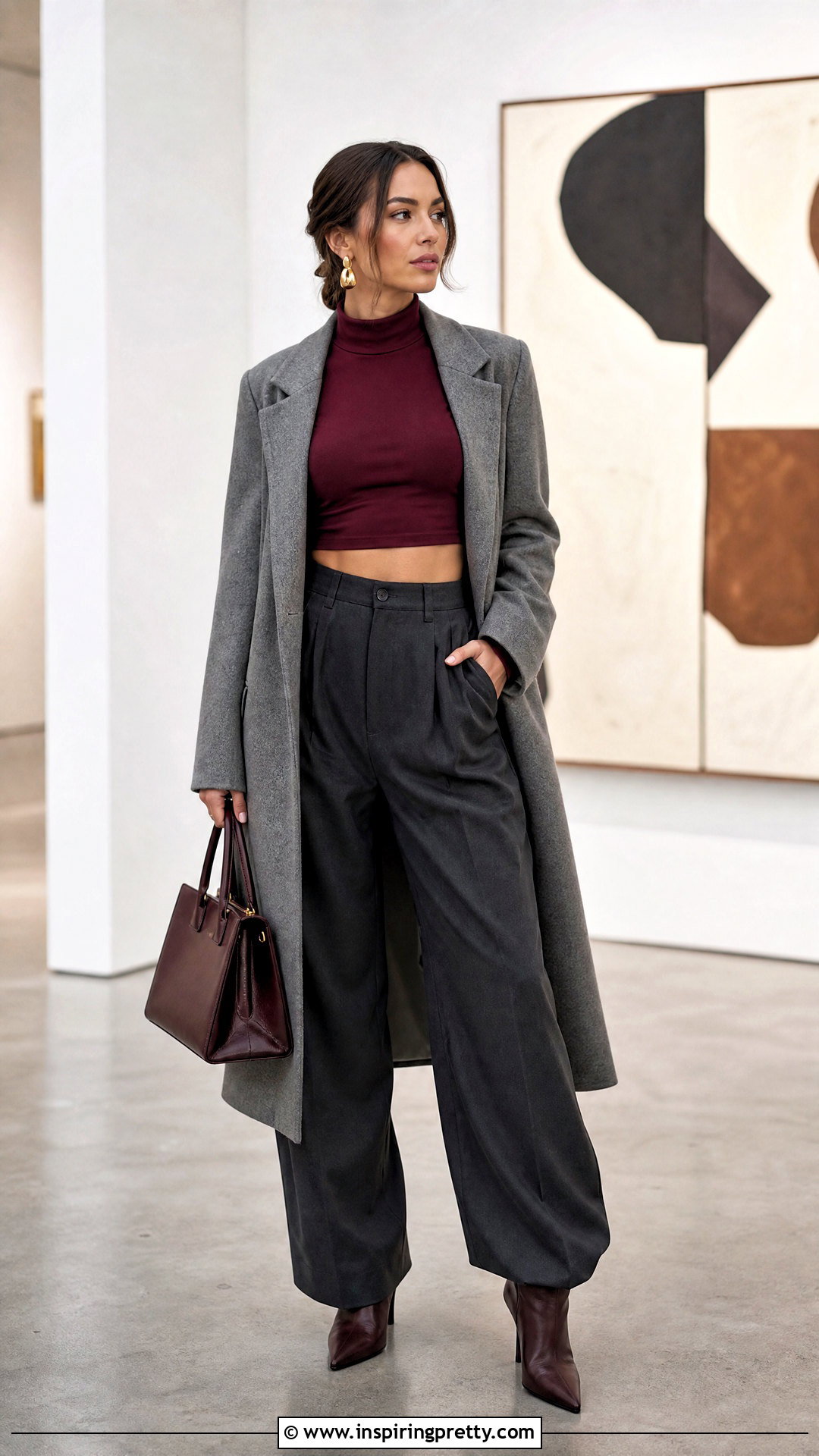 Mock Neck Crop Top With Baggy Trousers - 50 baggy pants crop top outfit ideas