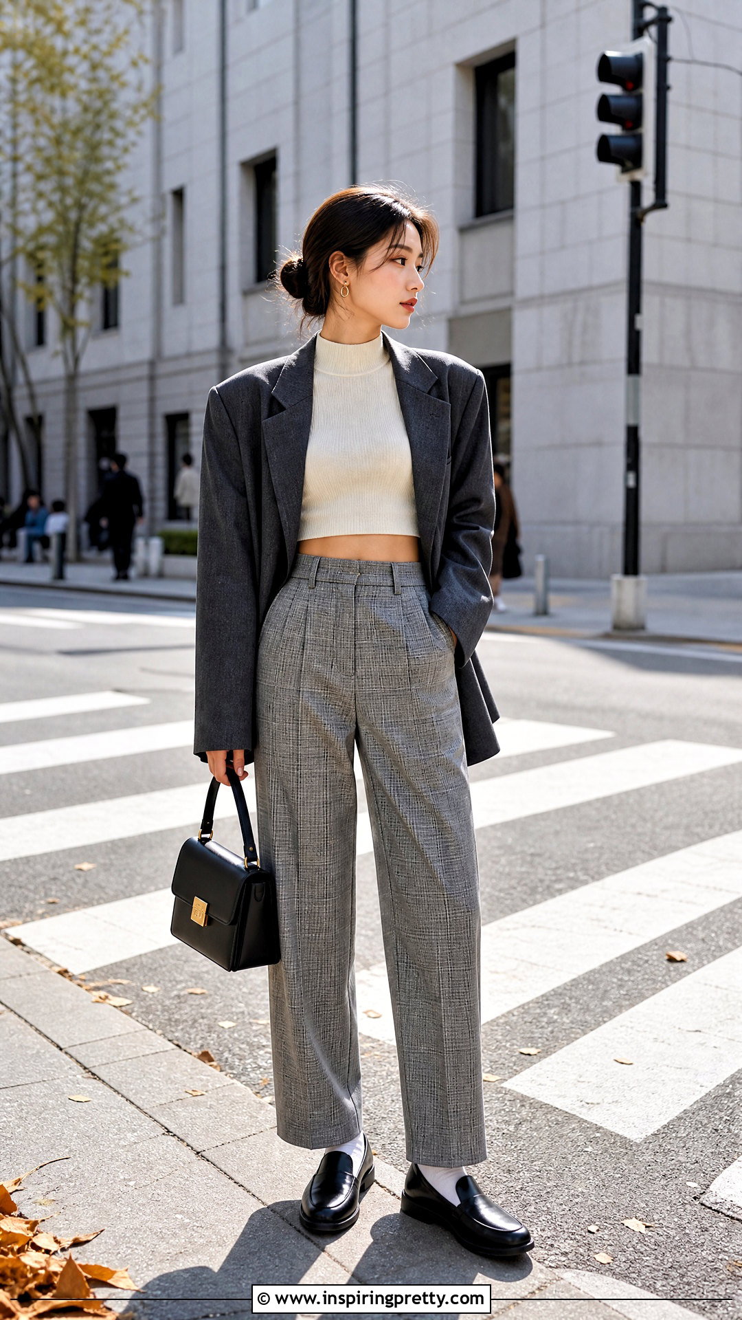 Mock Neck Crop Top With Plaid Pants Outfit - 50 crop top outfits korean styles