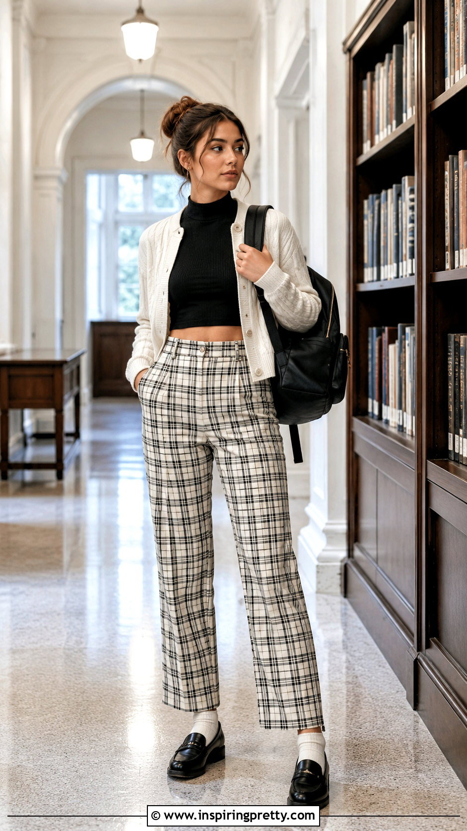 Mock Neck Crop Top With Plaid Pants and Loafers - 20 cute crop tops for school outfit ideas