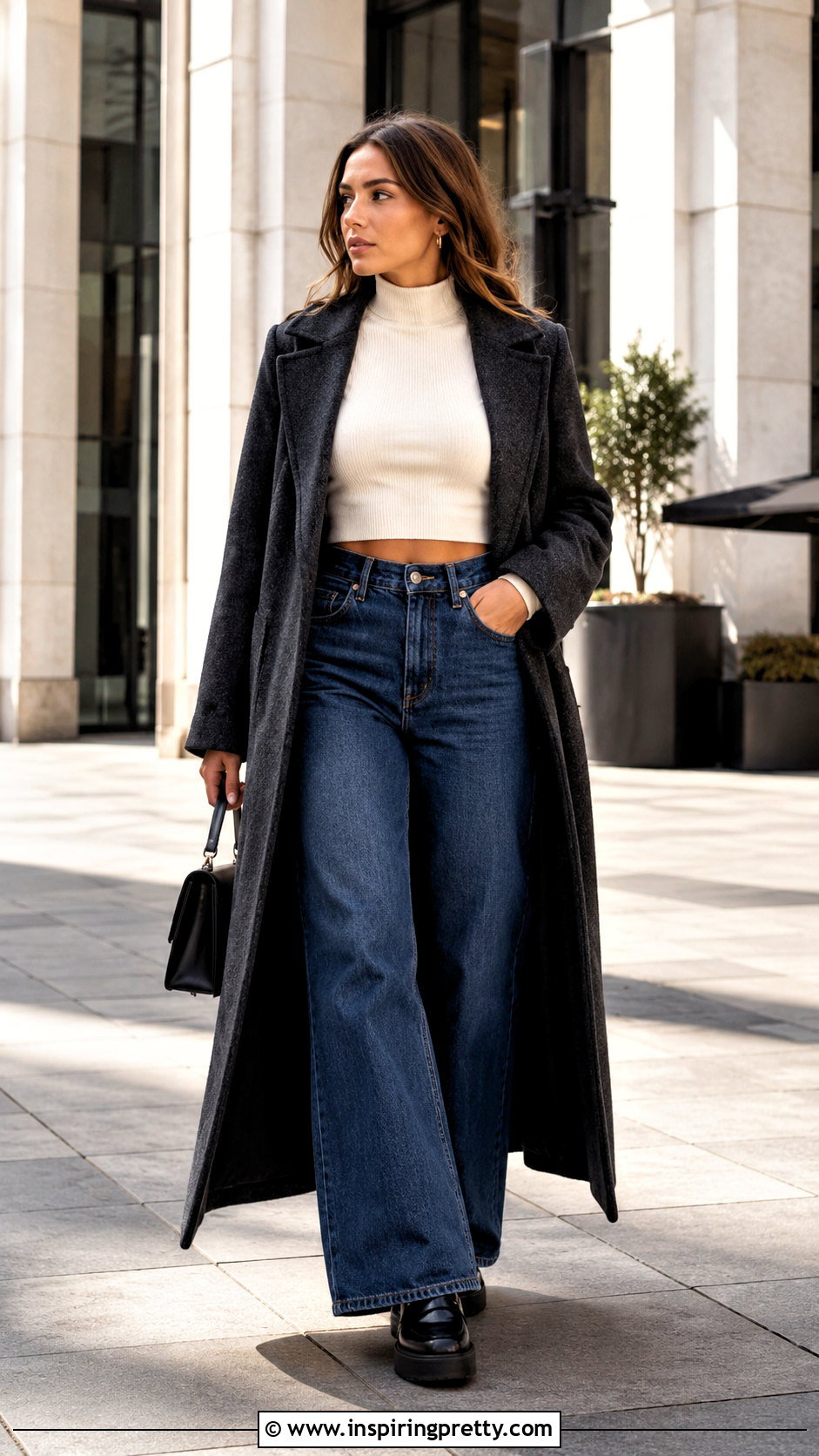 Mock Neck Crop Top With Wide Jeans - 50 jean crop top outfit ideas