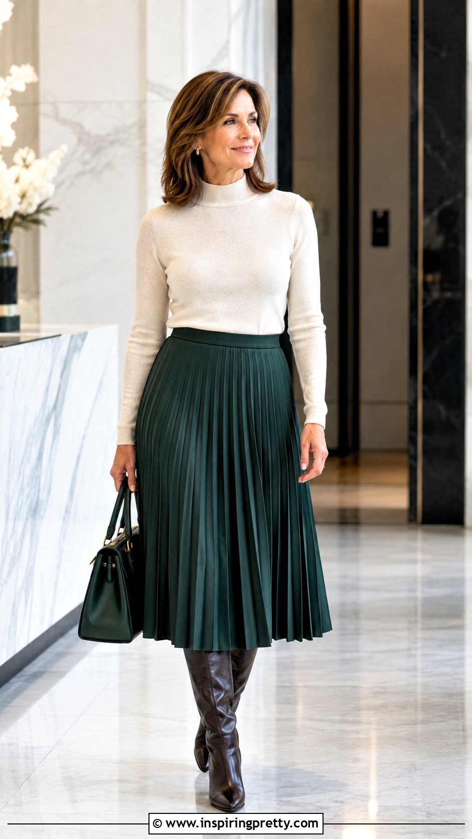 Mock Neck Knit Top With Midi Skirt - 20 dressy tops for work outfit ideas