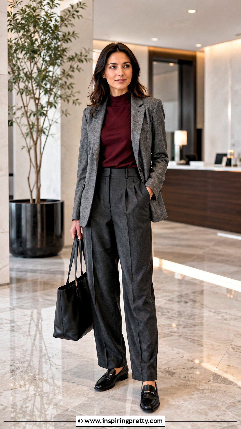 Mock Neck Long Sleeve Top With Pleated Trousers - 20 comfy long sleeve tops outfit ideas