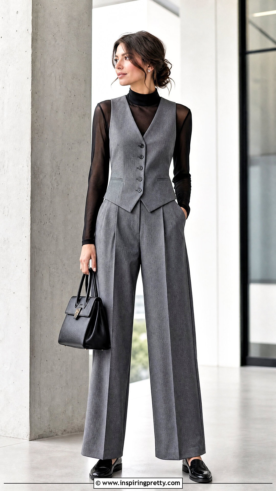 Mock Neck Mesh Top Under A Vest - 50 mesh tops outfit ideas