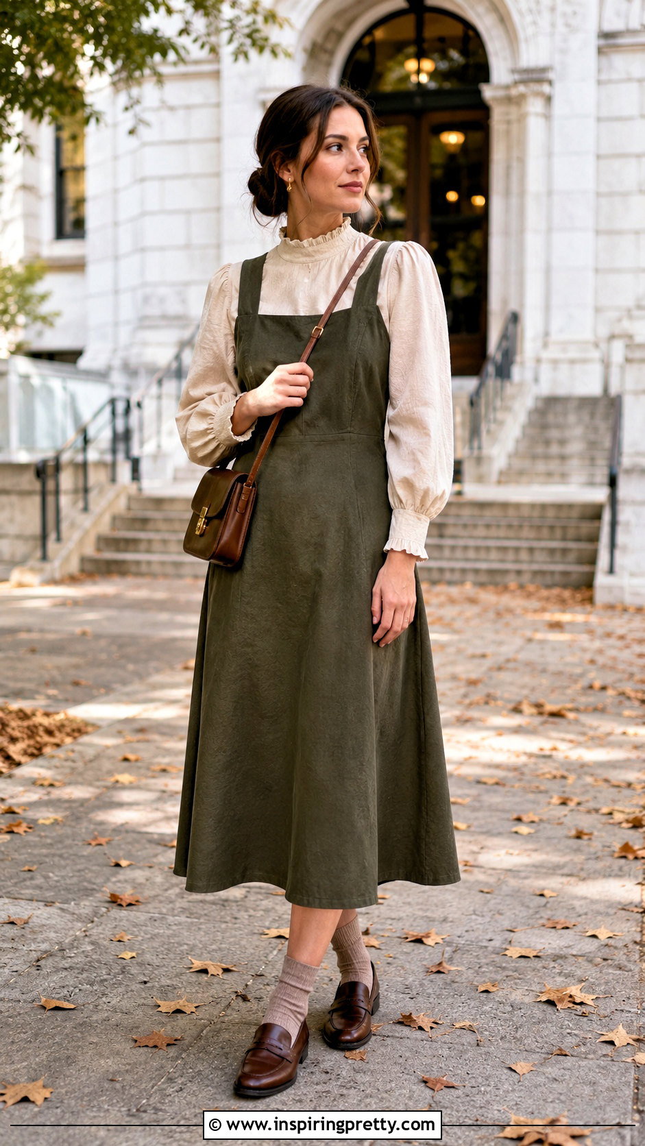 Mock Neck Puff Sleeve Top Under A Pinafore Dress - 20 mock neck puff sleeve top outfit ideas