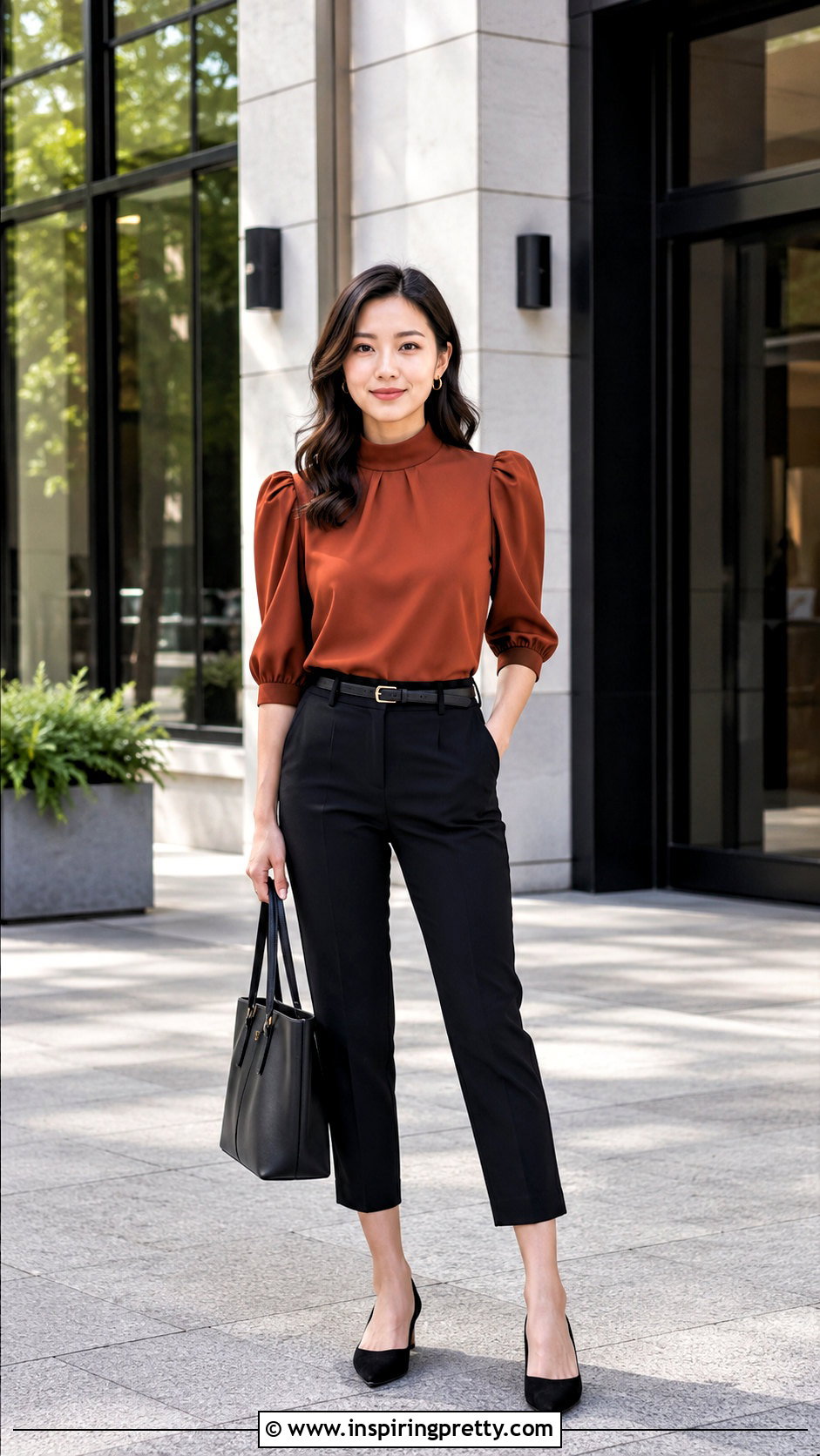 Mock Neck Puff Sleeve Top With Cropped Ankle Pants - 20 mock neck puff sleeve top outfit ideas