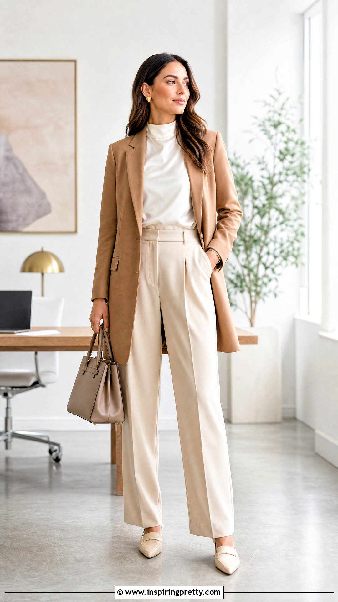 Mock Neck Satin Work Top With Pleated Trousers - 25 satin work top outfit ideas