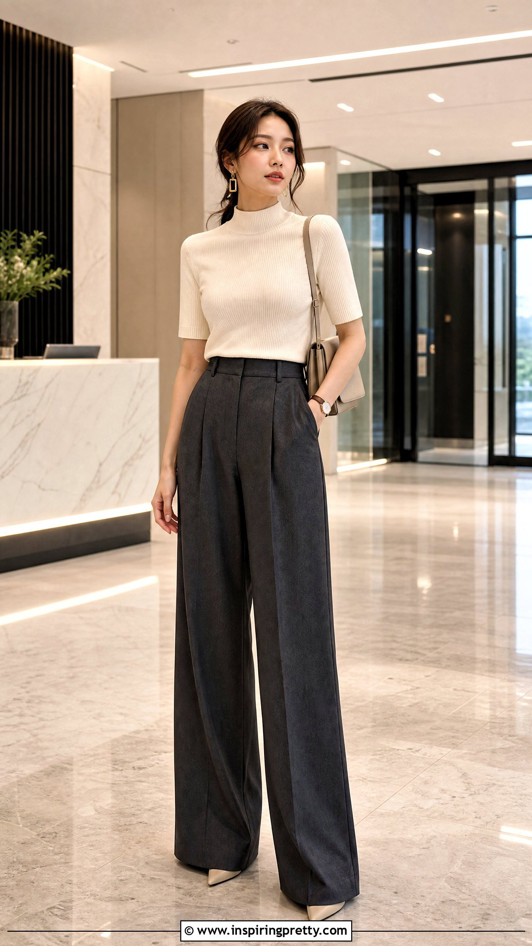 Mock Neck Short Sleeve Top With Wide Leg Trousers - 50 short sleeve top outfit ideas