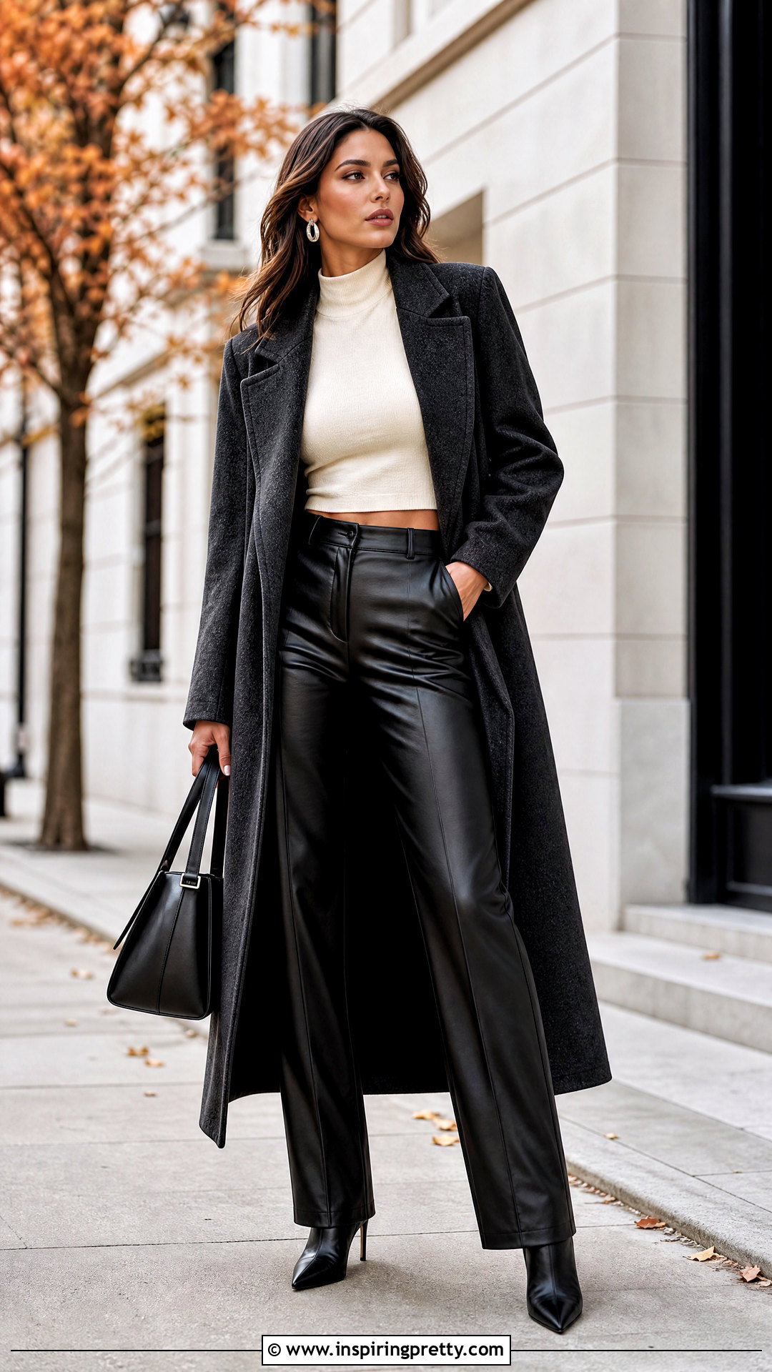Mock Neck Short Top With Leather Pants - 50 short tops outfit ideas