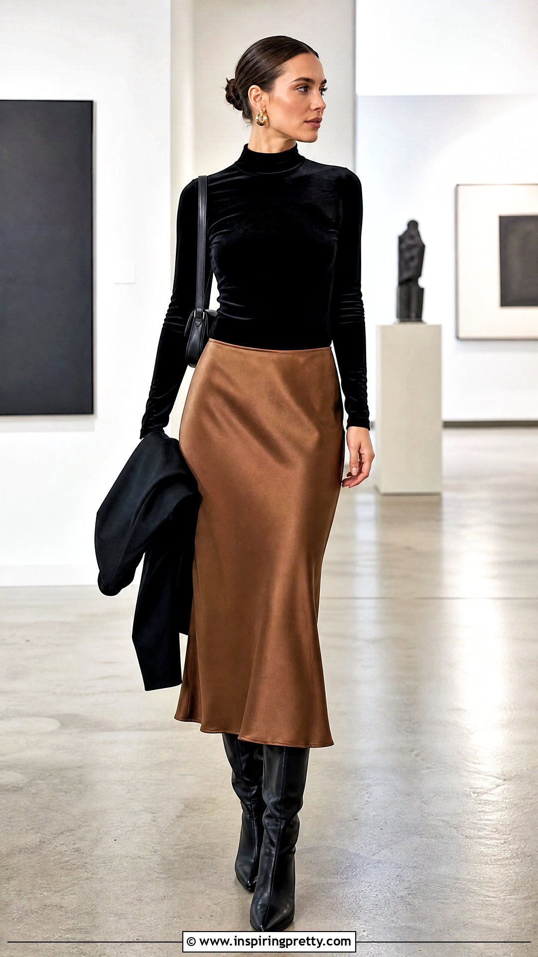 Mock Neck Silk Velvet Top With Slip Skirt - 25 silk velvet top outfit ideas