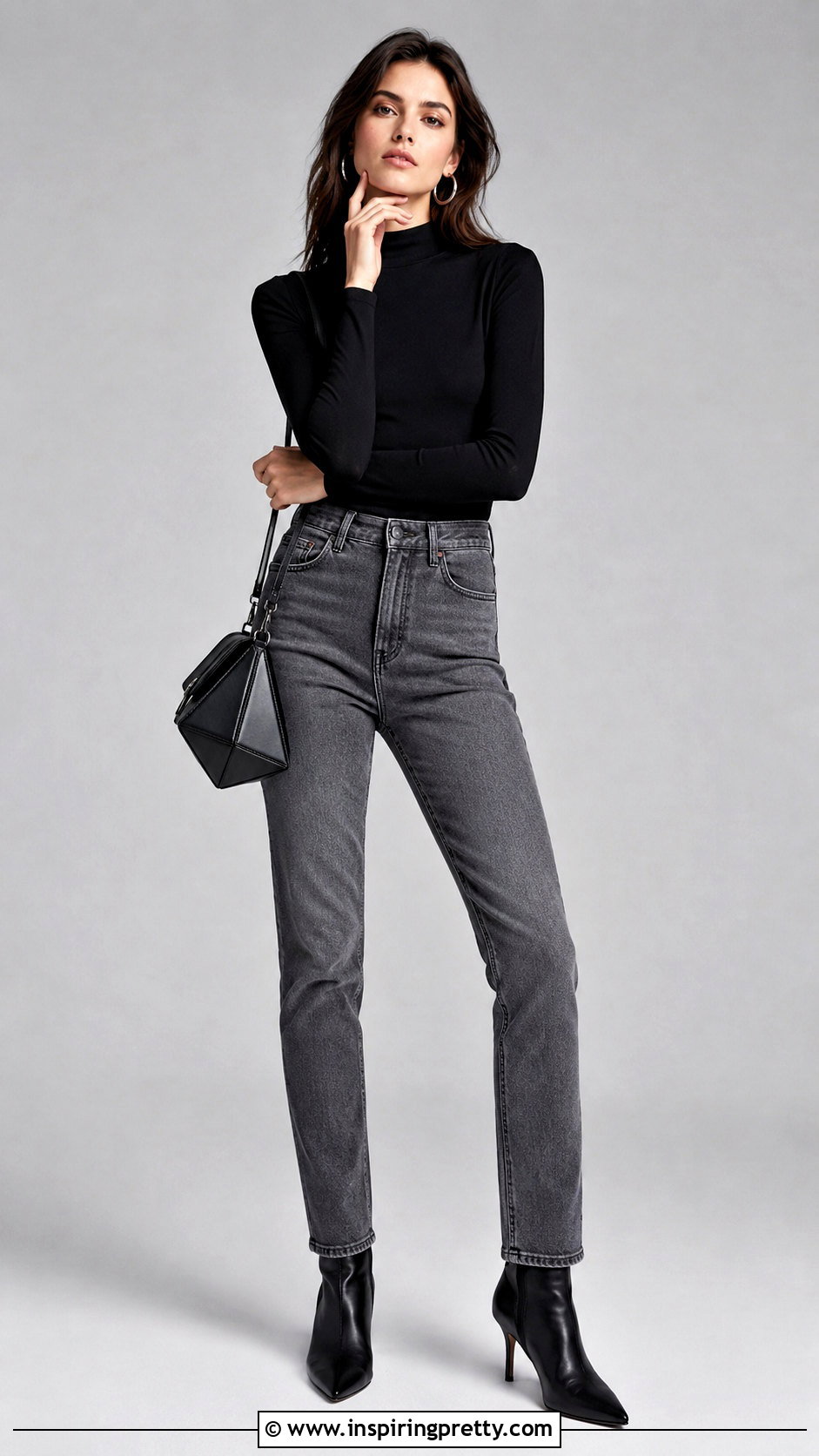 Mock Neck Top And Gray Jeans Chin Touch Pose - 50 jeans top photoshoot poses