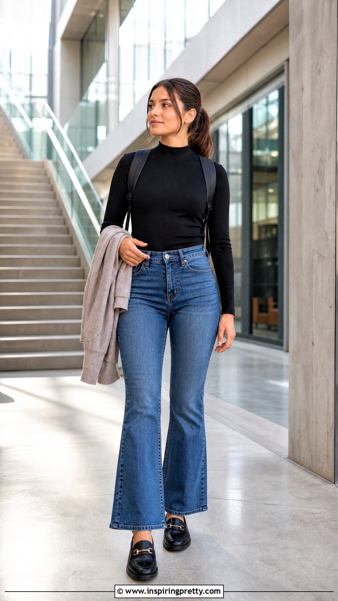 Mock Neck Top And High Waisted Jeans Outfit - 50 cute tops for school ideas
