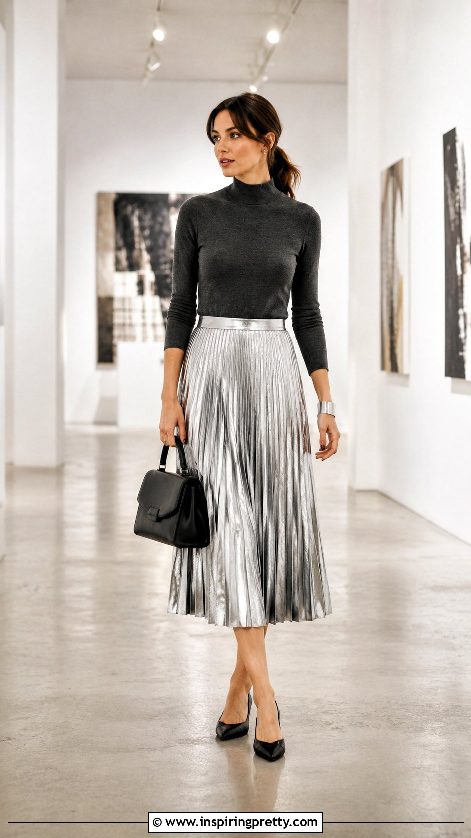 Mock Neck Top And Metallic Midi Skirt Outfit - 50 top and skirt outfit ideas