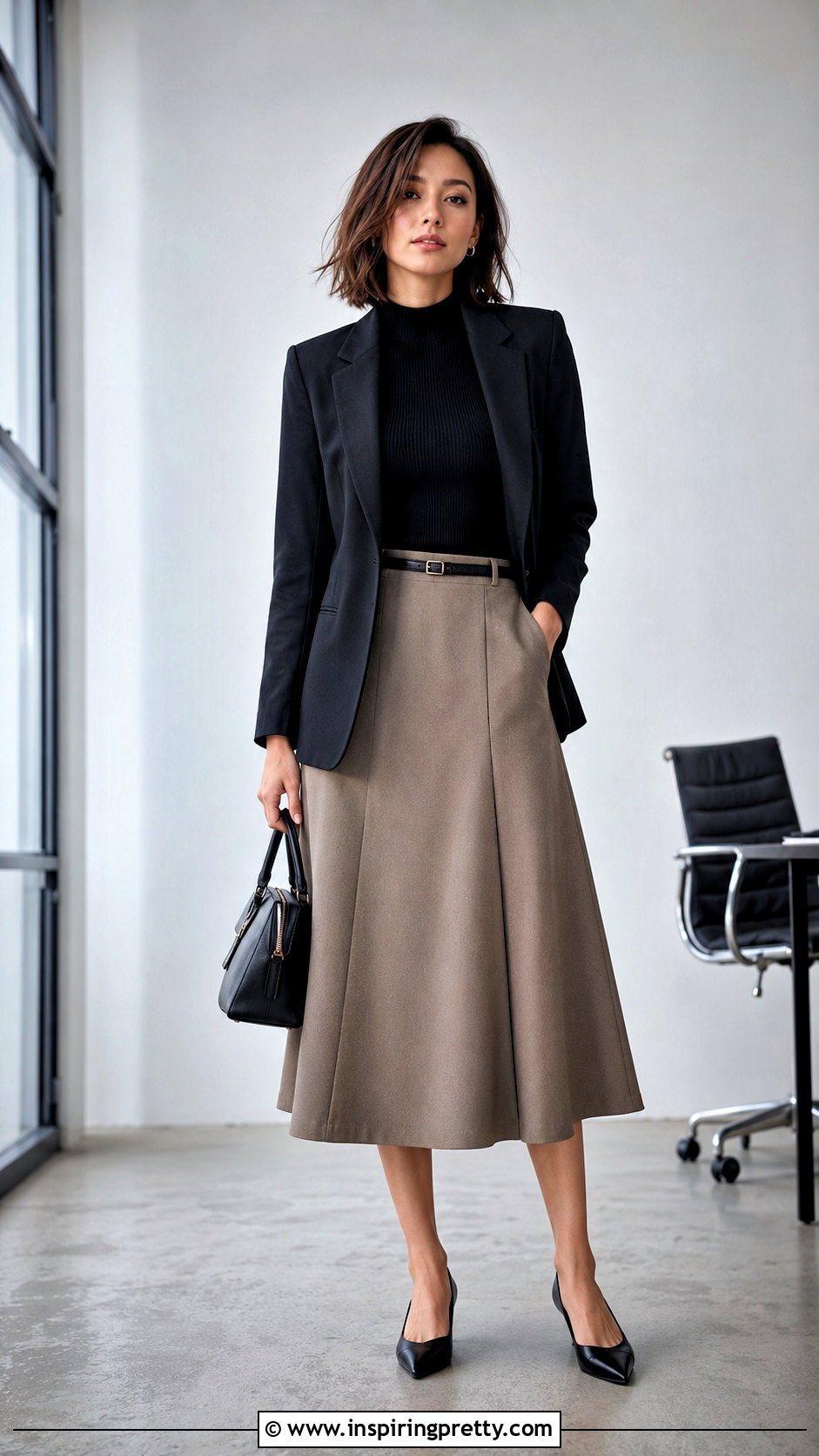 Mock Neck Top And Midi Skirt Interview Outfit - 20 tops to wear to an interview outfit ideas