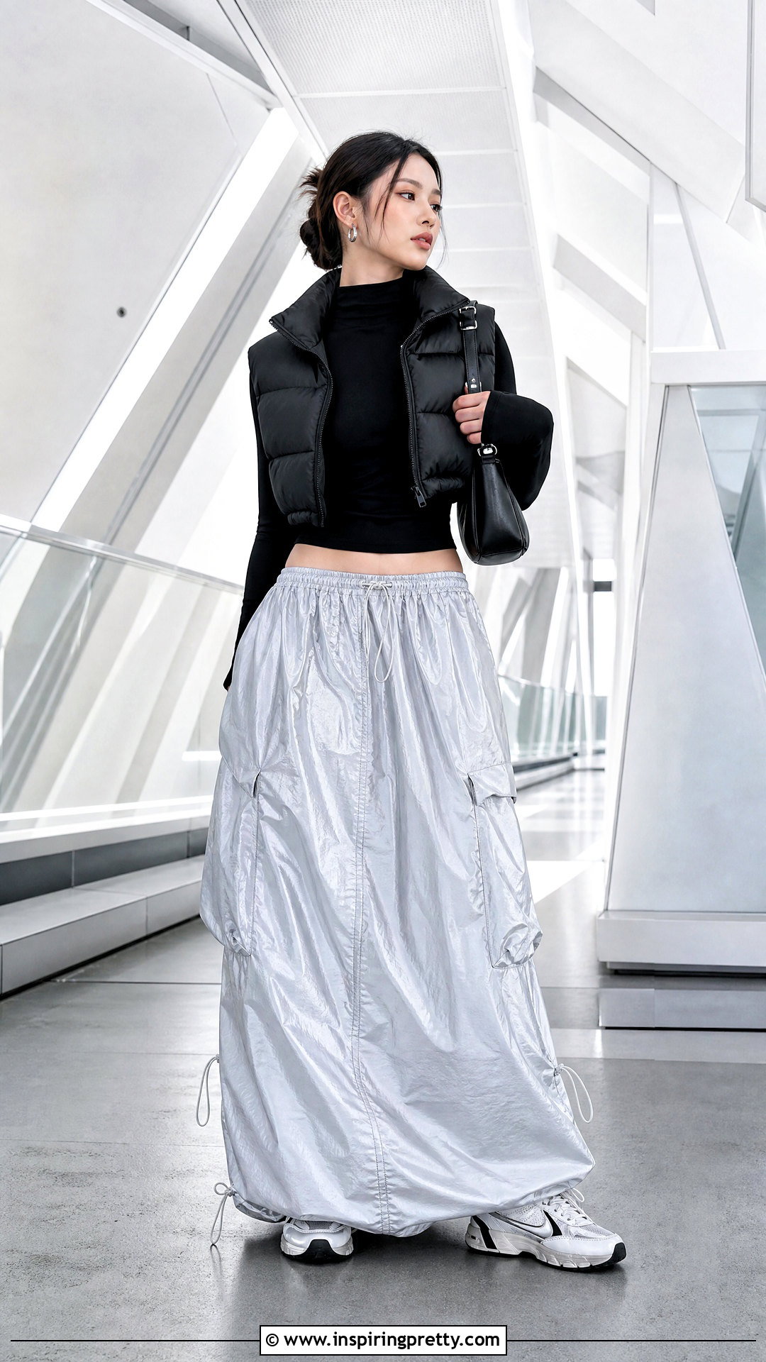 Mock Neck Top And Parachute Skirt Streetwear Outfit - 50 streetwear tops outfit ideas