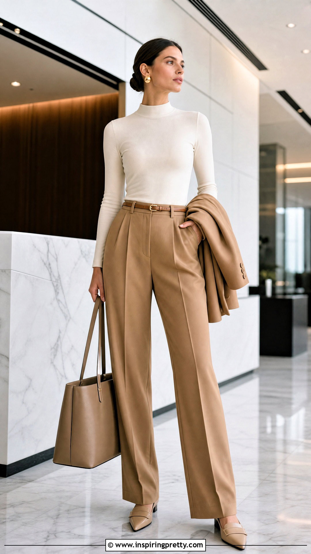 Mock Neck Top And Suit Trousers Work Outfit - 20 Stylish Tops For Work Outfit Ideas