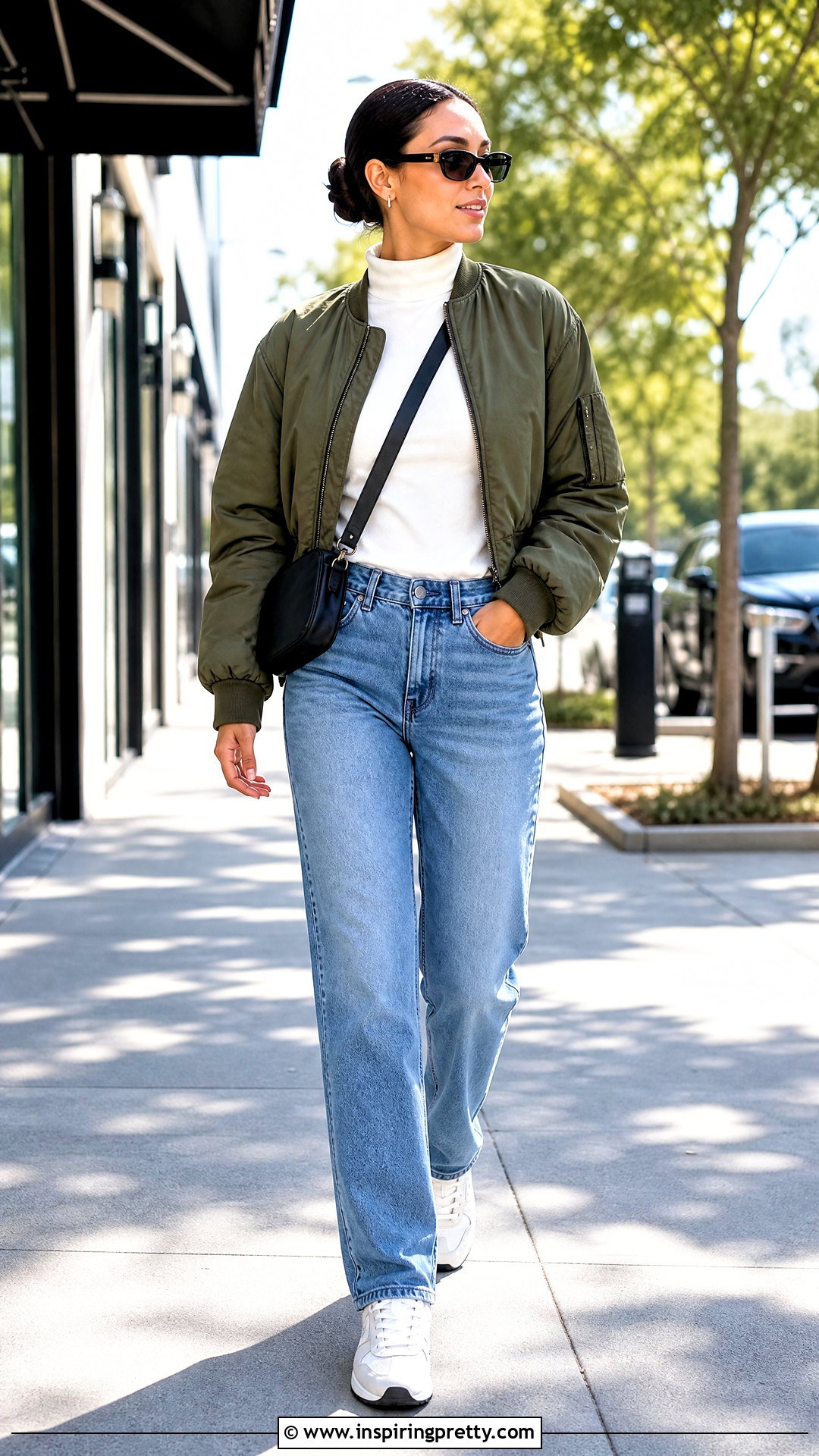 Mock Neck Top With A Bomber Jacket - 50 mock neck top outfit ideas