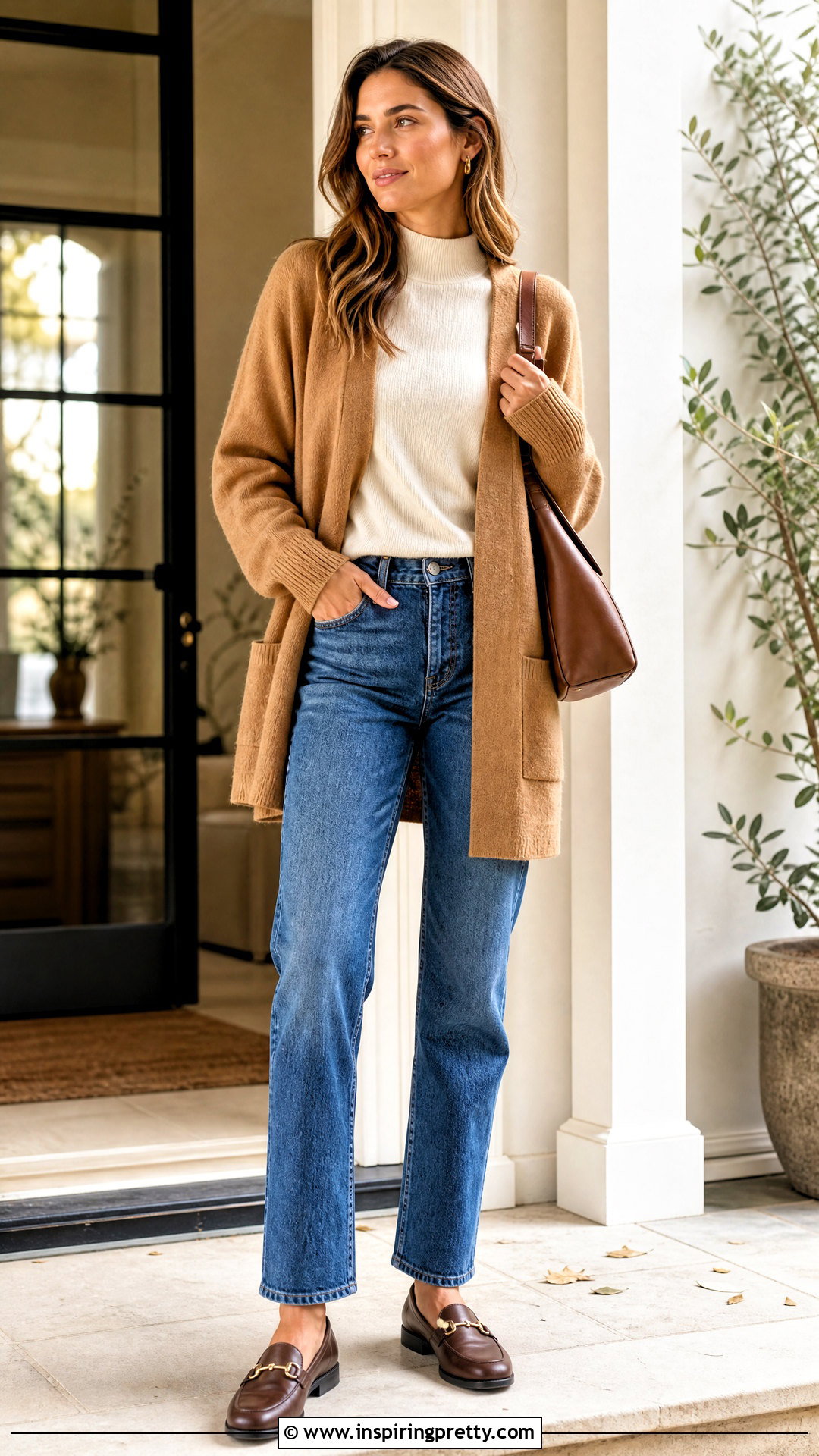 Mock Neck Top With A Cardigan And Jeans - 50 mock neck top outfit ideas