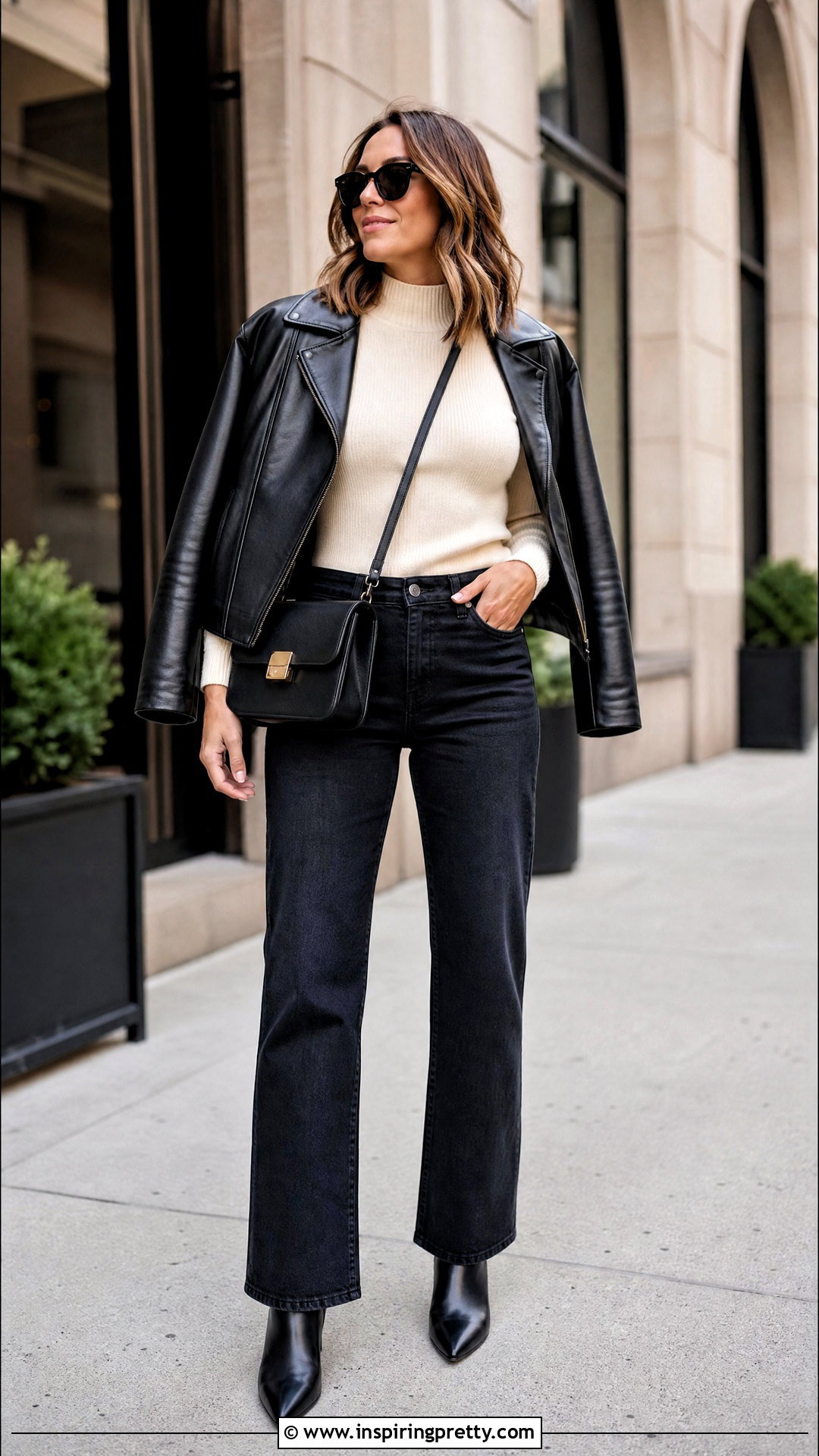Mock Neck Top With A Leather Jacket - 50 mock neck top outfit ideas