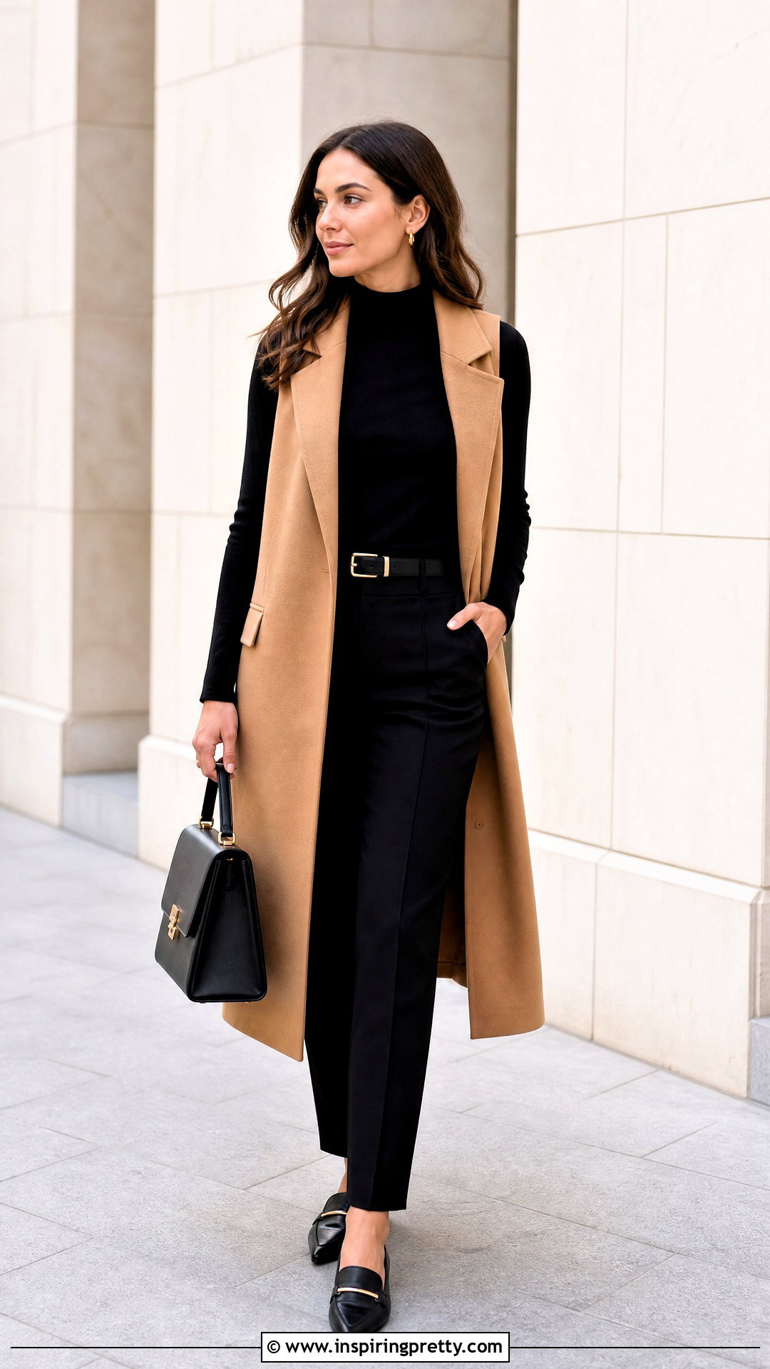 Mock Neck Top With A Longline Vest - 50 mock neck top outfit ideas