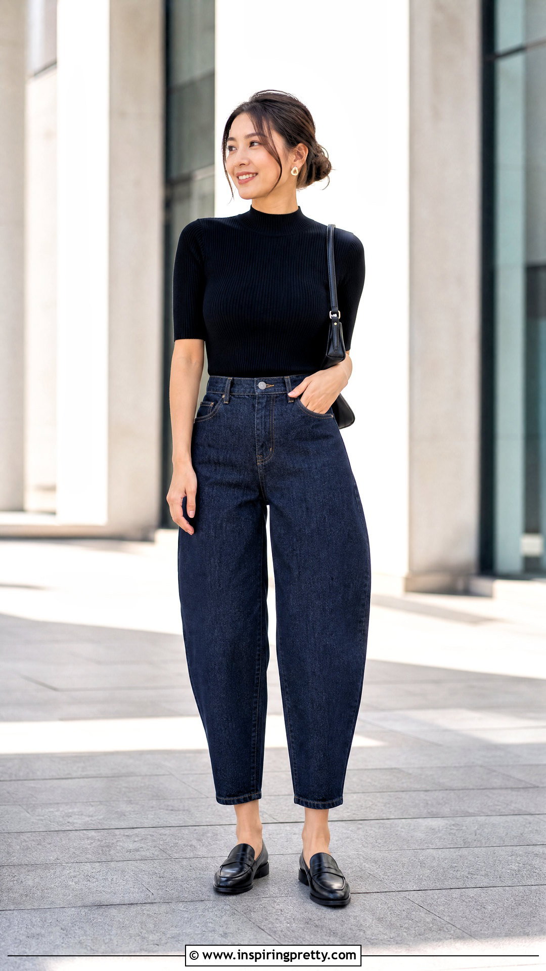 Mock Neck Top With Barrel Jeans - 50 top from jeans