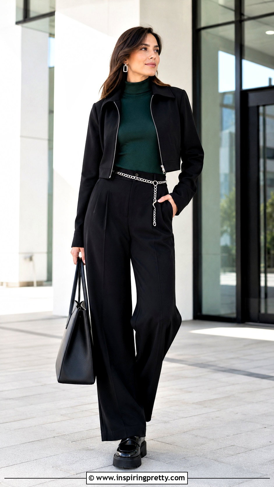 Mock Neck Top With Chain Belt Trousers - 50 alt tops outfit ideas