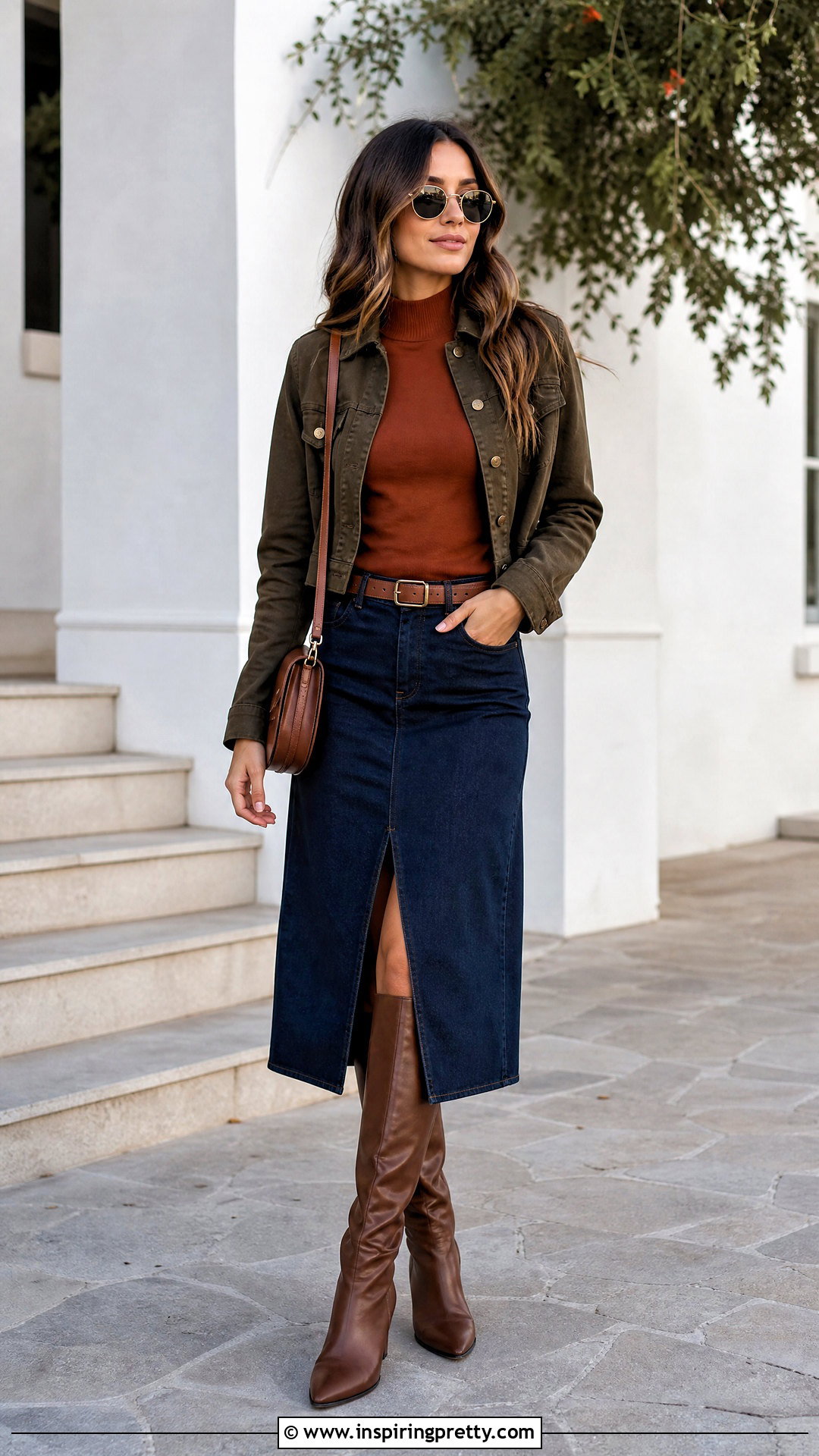 Mock Neck Top With Denim Midi Skirt - 50 mock neck top outfit ideas