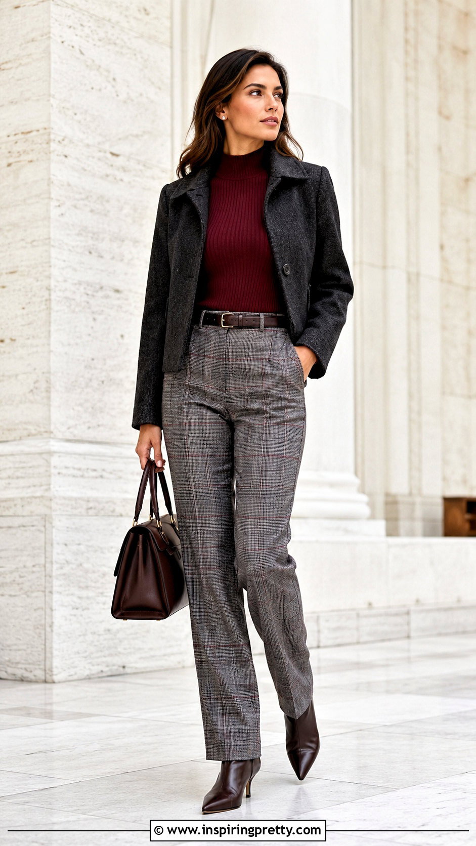 Mock Neck Top With Plaid Trousers - 50 cute winter tops outfit ideas