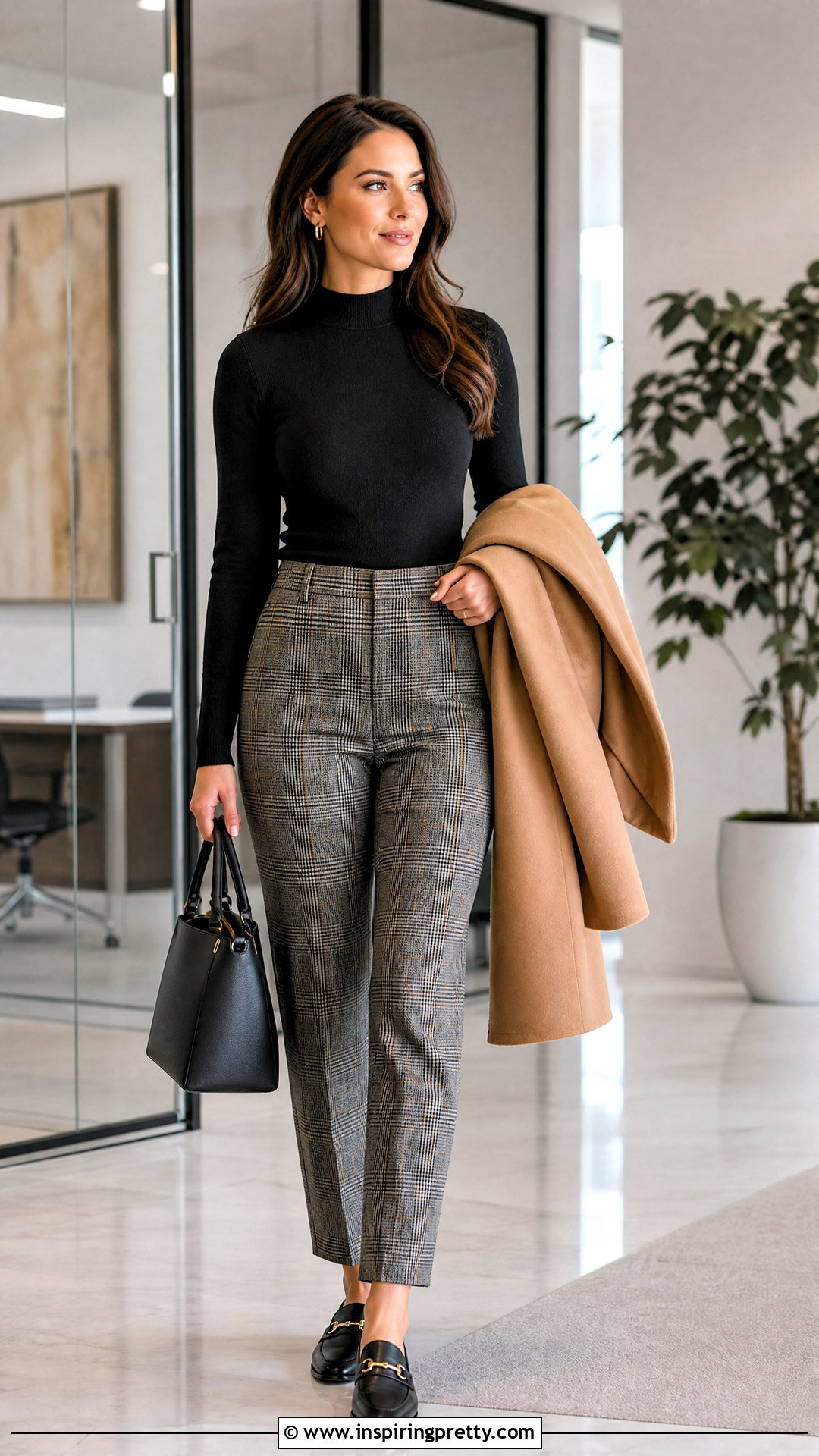 Mock Neck Top With Plaid Trousers - 50 preppy tops outfit ideas