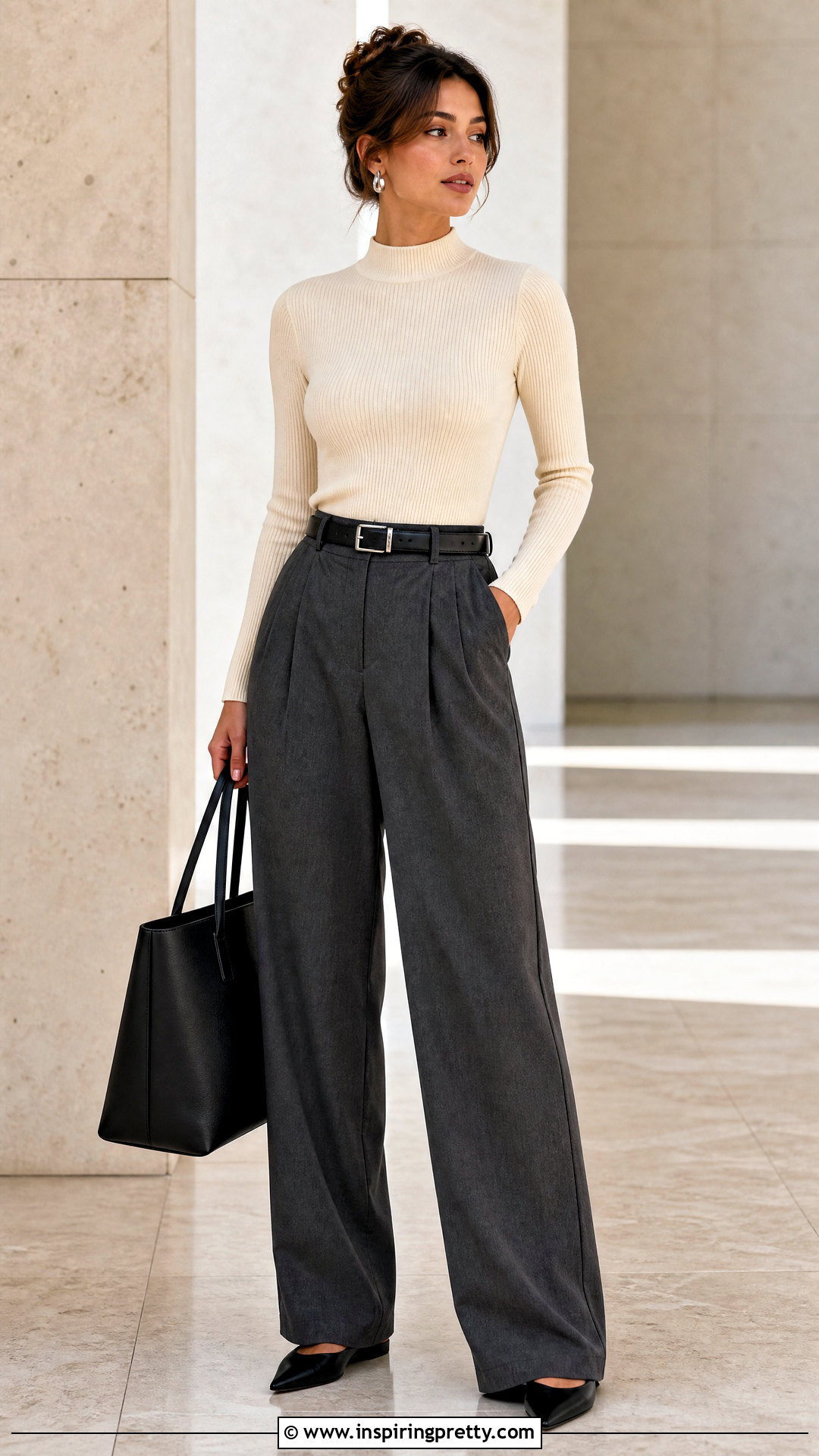 Mock Neck Top With Pleated Trousers - 50 basic tops outfit ideas