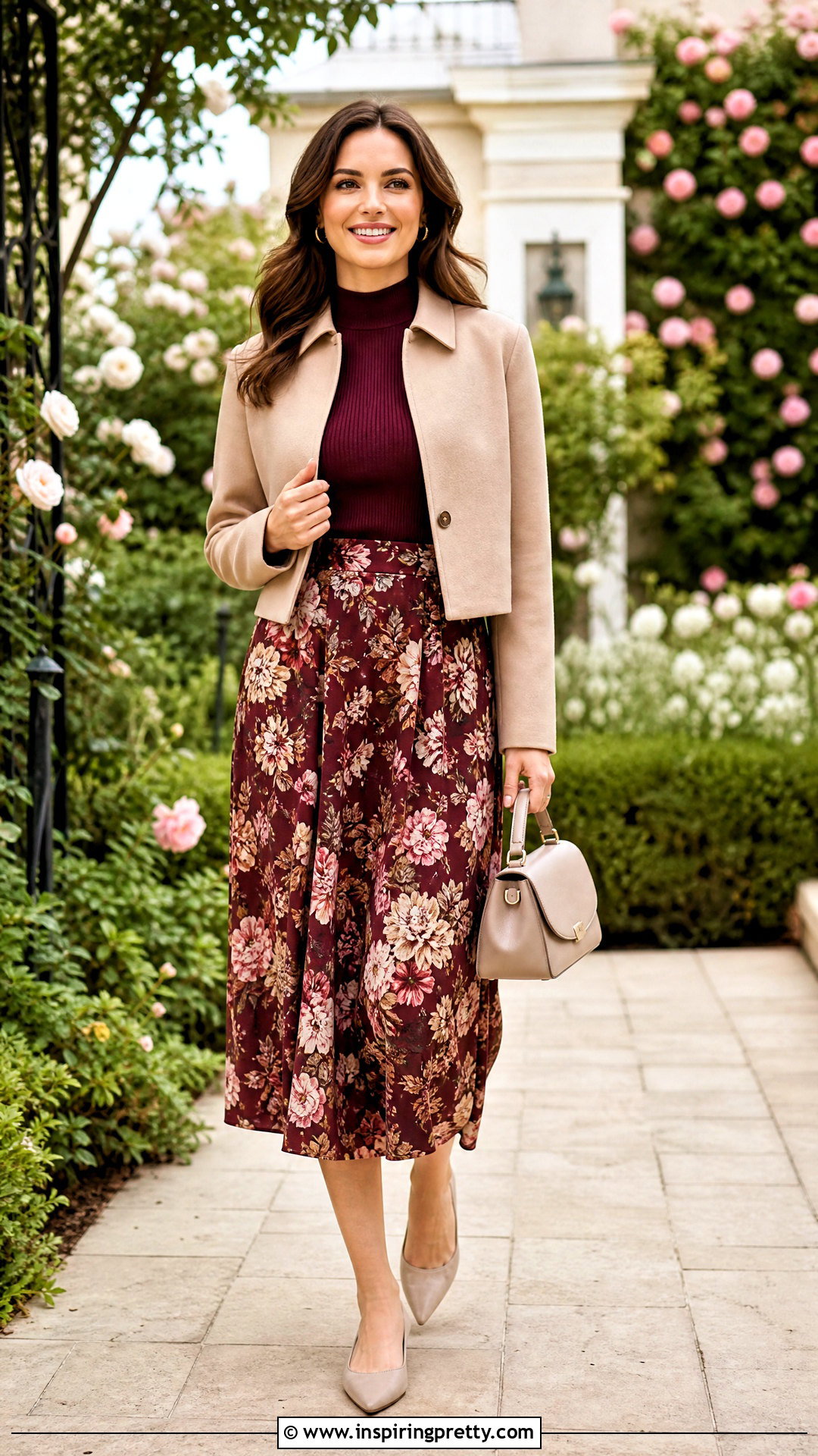 Mock Neck Top With Printed Midi Skirt - 50 mock neck top outfit ideas
