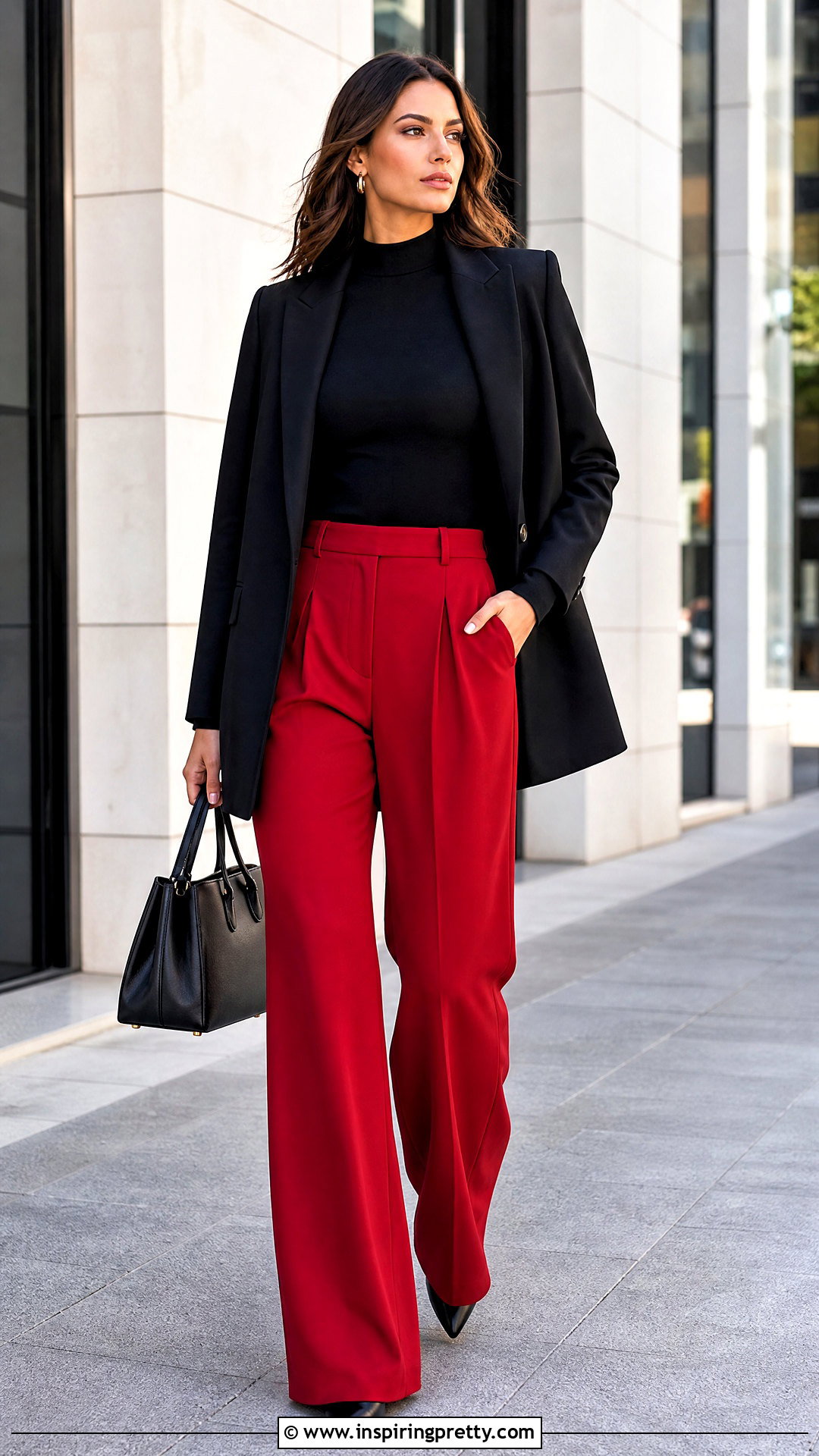 Mock Neck Top With Red Trousers - 50 mock neck top outfit ideas