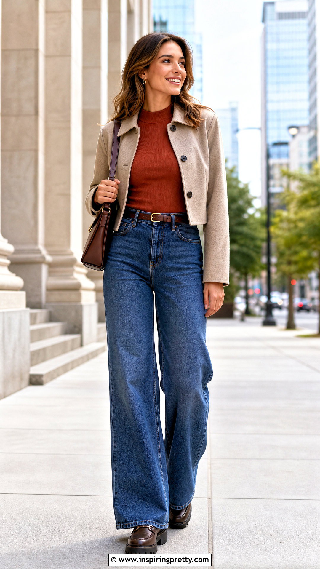 Mock Neck Top With Wide Leg Jeans - 50 cute basic tops outfit ideas