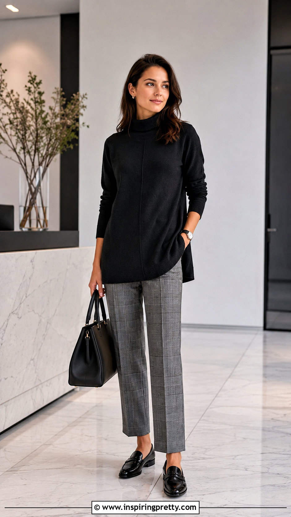 Mock Neck Tunic Top With Plaid Pants - 20 business casual tunic tops outfit ideas