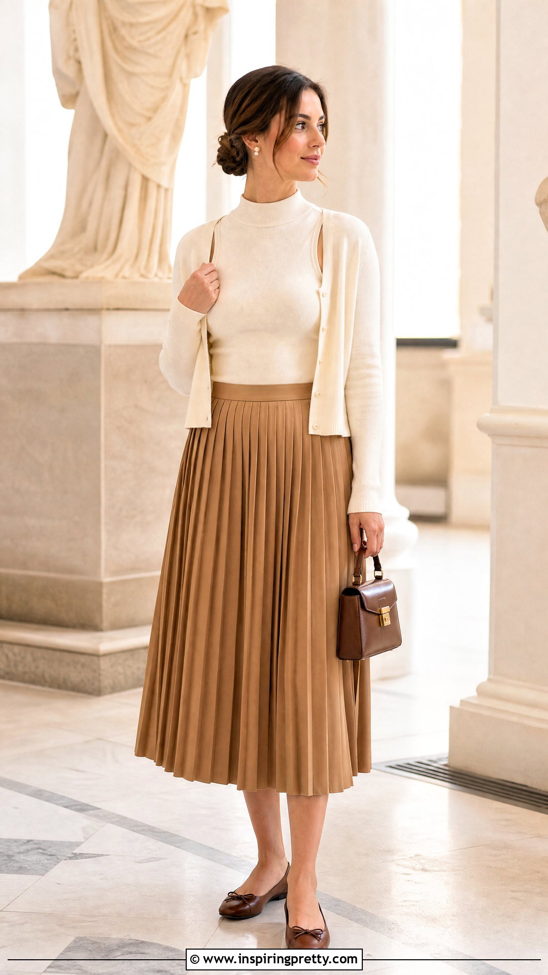 Mock Turtleneck Tank Top With Cardigan And Pleated Skirt - 20 mock turtleneck tank top outfit ideas