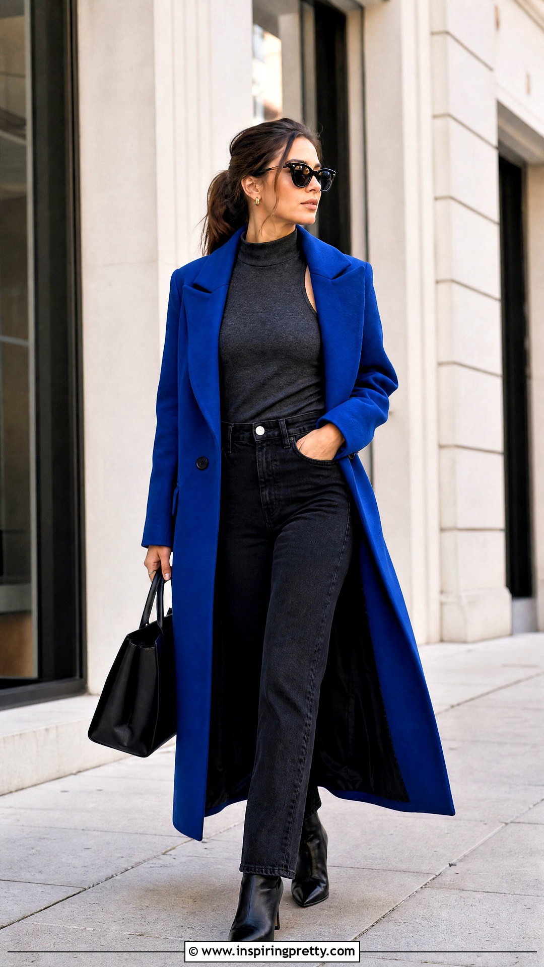 Mock Turtleneck Tank Top With Statement Coat And Dark Jeans - 20 mock turtleneck tank top outfit ideas