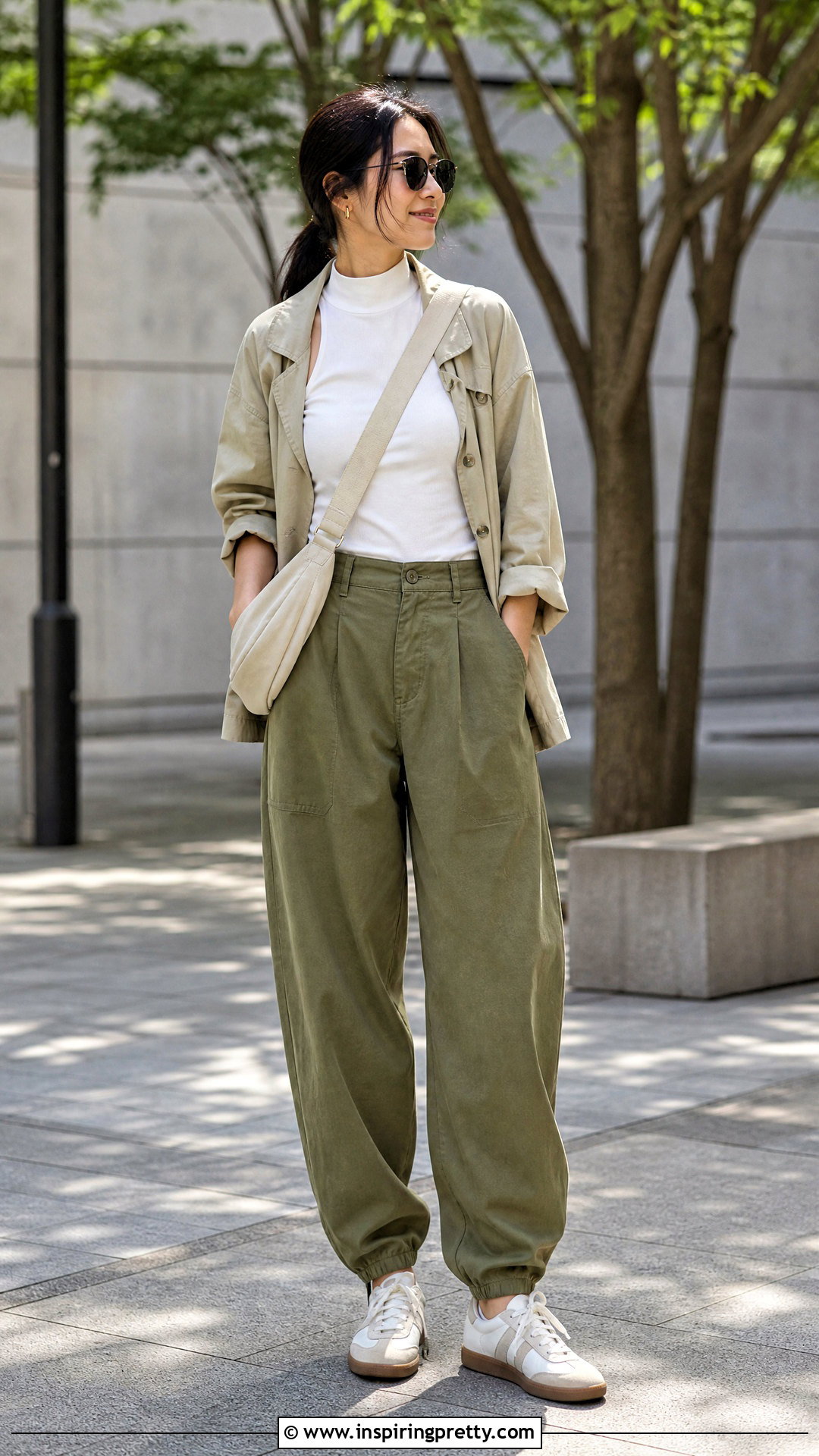 Mock Turtleneck Tank Top With Utility Jacket And Barrel Pants - 20 mock turtleneck tank top outfit ideas