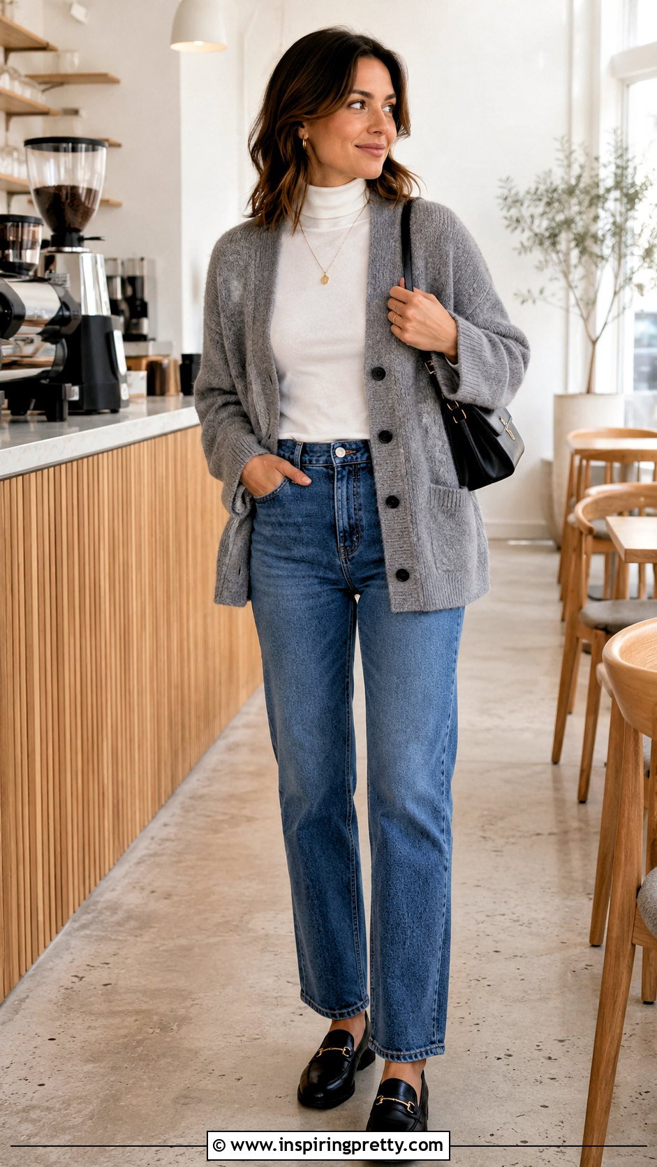 Mock Turtleneck Top With Cardigan And Jeans - 25 mock turtleneck top outfit ideas