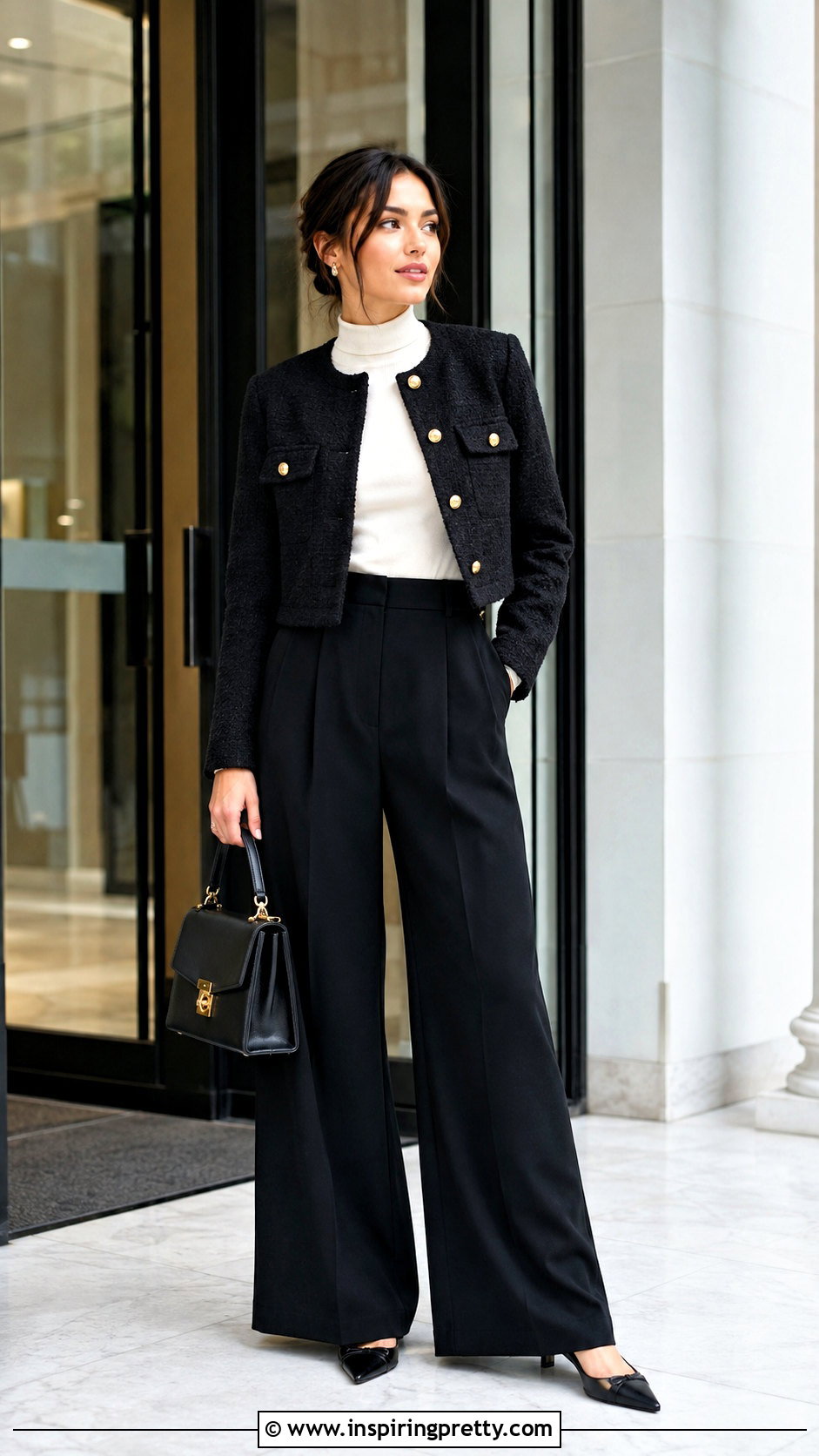 Mock Turtleneck Top With Cropped Jacket And Trousers - 25 mock turtleneck top outfit ideas