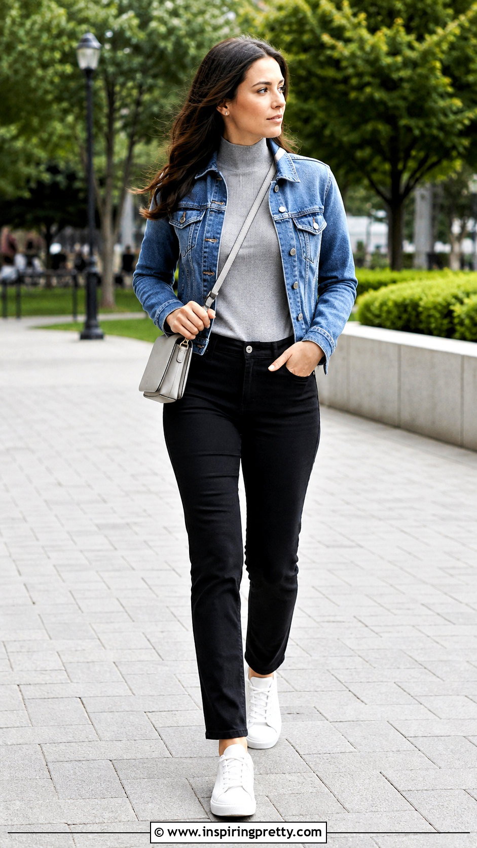 Mock Turtleneck Top With Denim Jacket And Black Pants - 25 mock turtleneck top outfit ideas