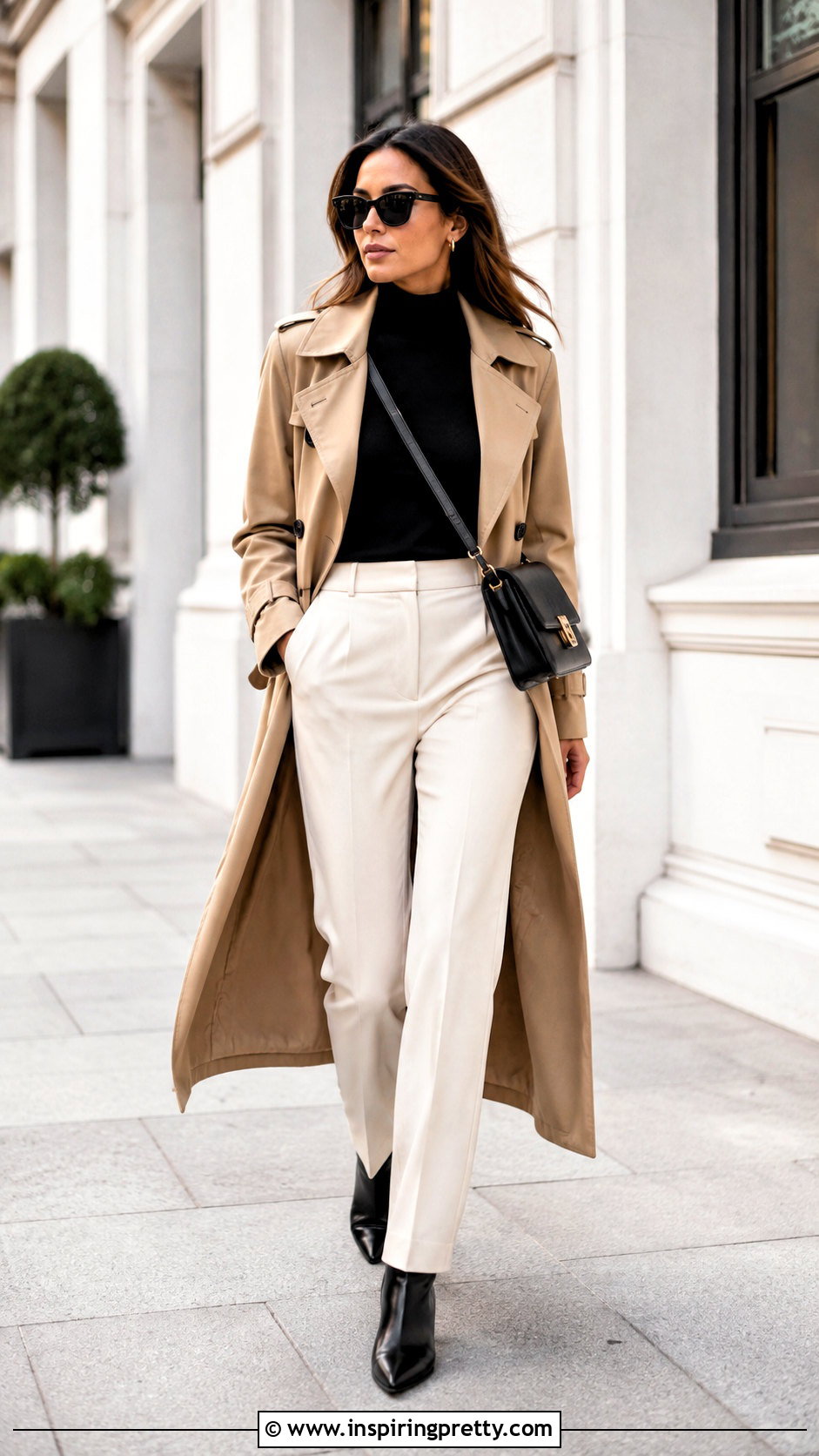 Mock Turtleneck Top With Trench Coat And Trousers - 25 mock turtleneck top outfit ideas