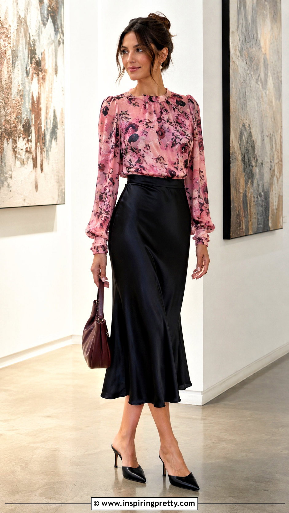 Moda International Pink Floral Top With Black Midi Skirt - 20 moda international pink floral top outfit ideas