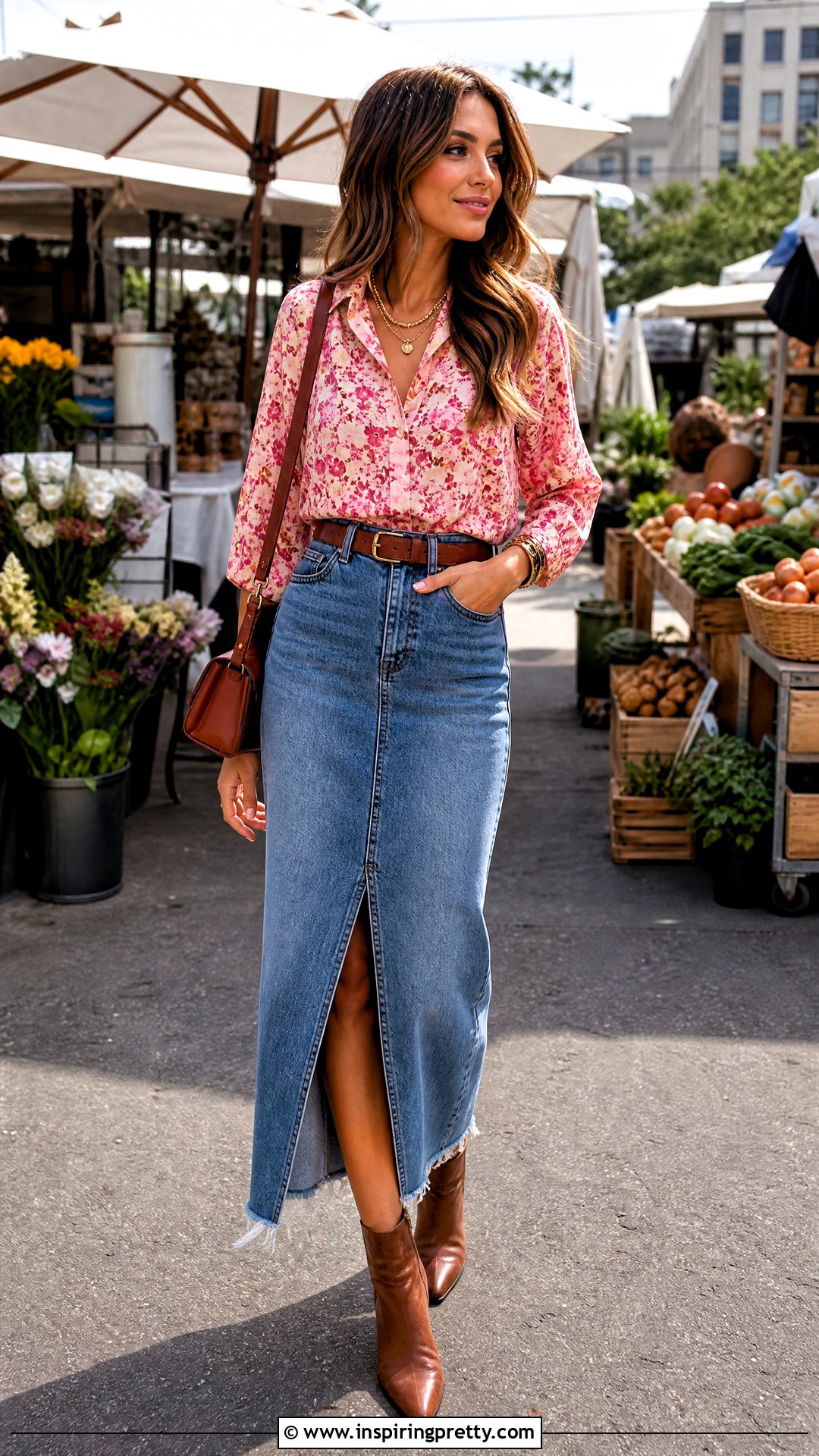 Moda International Pink Floral Top With Denim Maxi Skirt - 20 moda international pink floral top outfit ideas